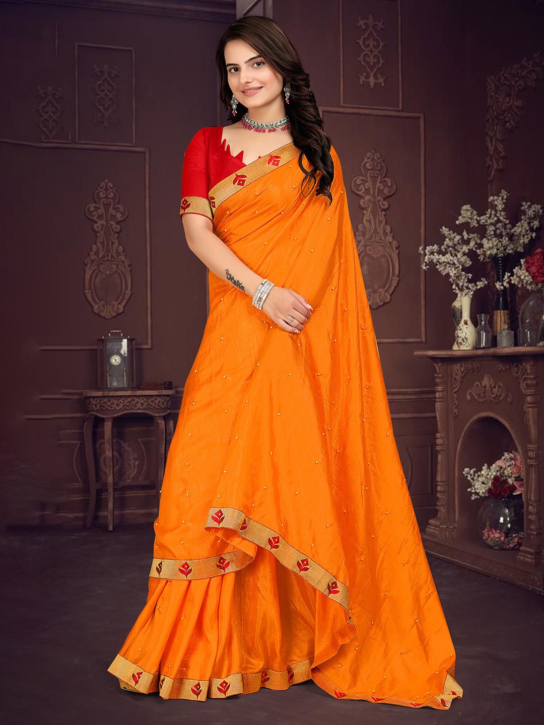

Om Shantam Sarees Woven Design Embellished Saree, Yellow