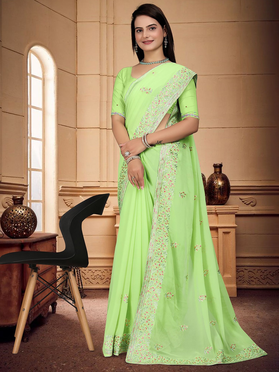 

Om Shantam Sarees Floral Embroidered Saree, Lime green