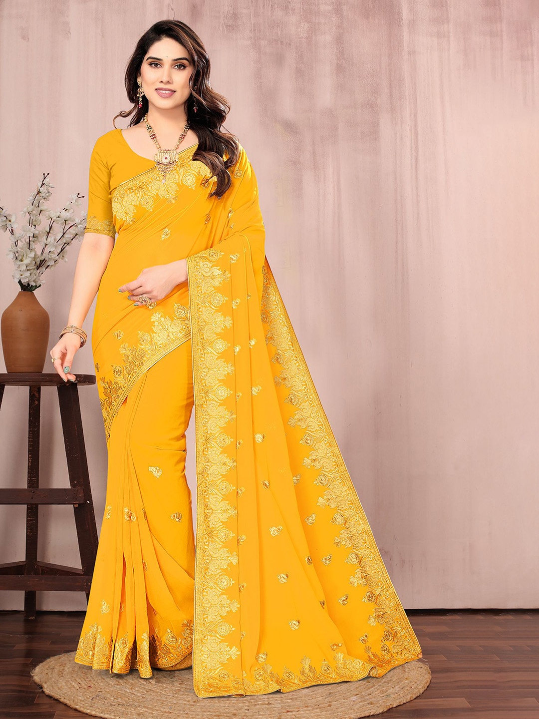 

Om Shantam Sarees Floral Embroidered Saree, Yellow