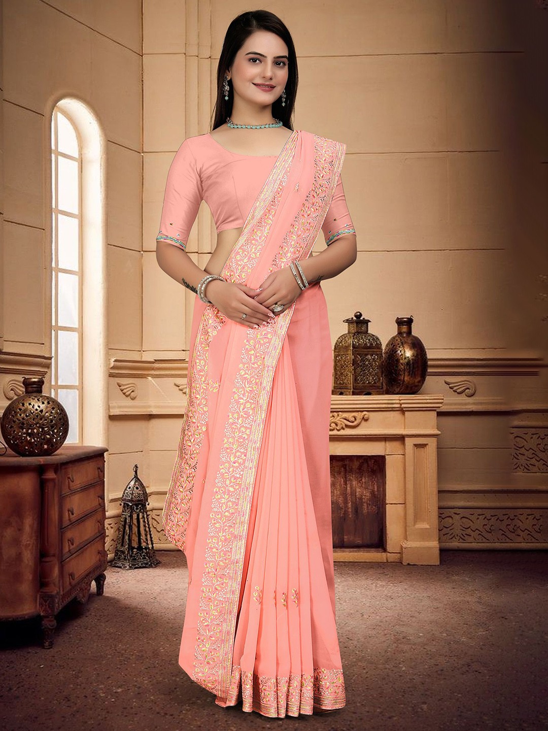 

Om Shantam Sarees Embellished Embroidered Saree, Peach