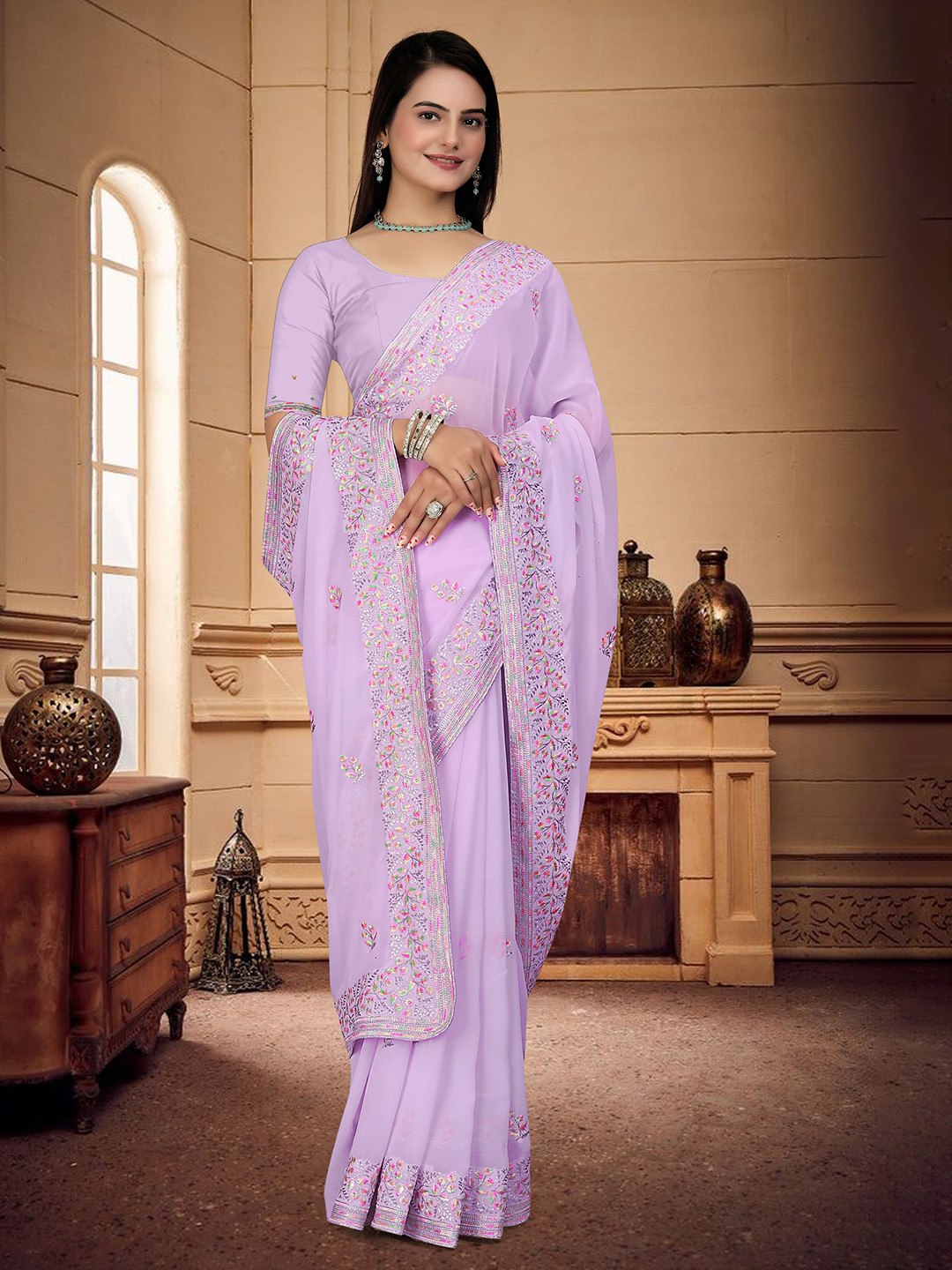 

Om Shantam Sarees Floral Embroidered Poly Georgette Saree, Purple