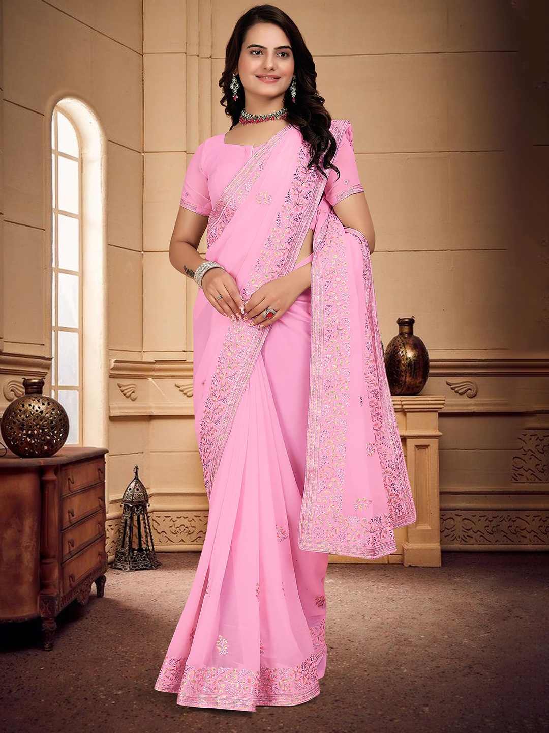 Om Shantam Sarees Floral Embroidered Saree, Pink