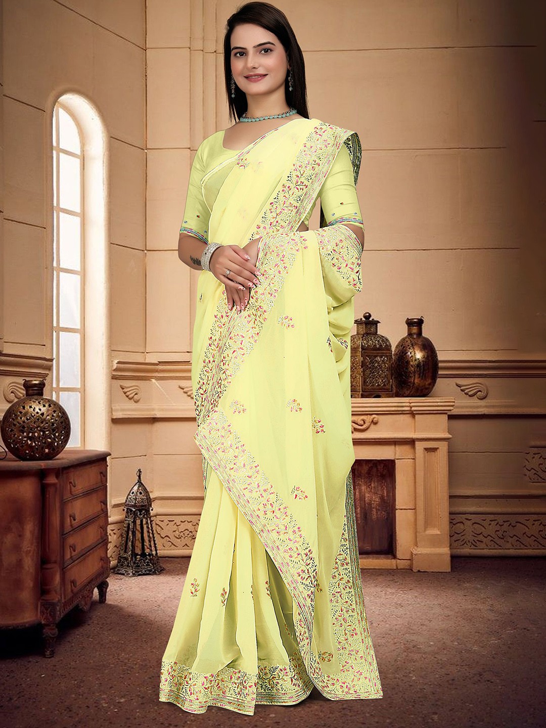 

Om Shantam Sarees Floral Embroidered Saree, Yellow