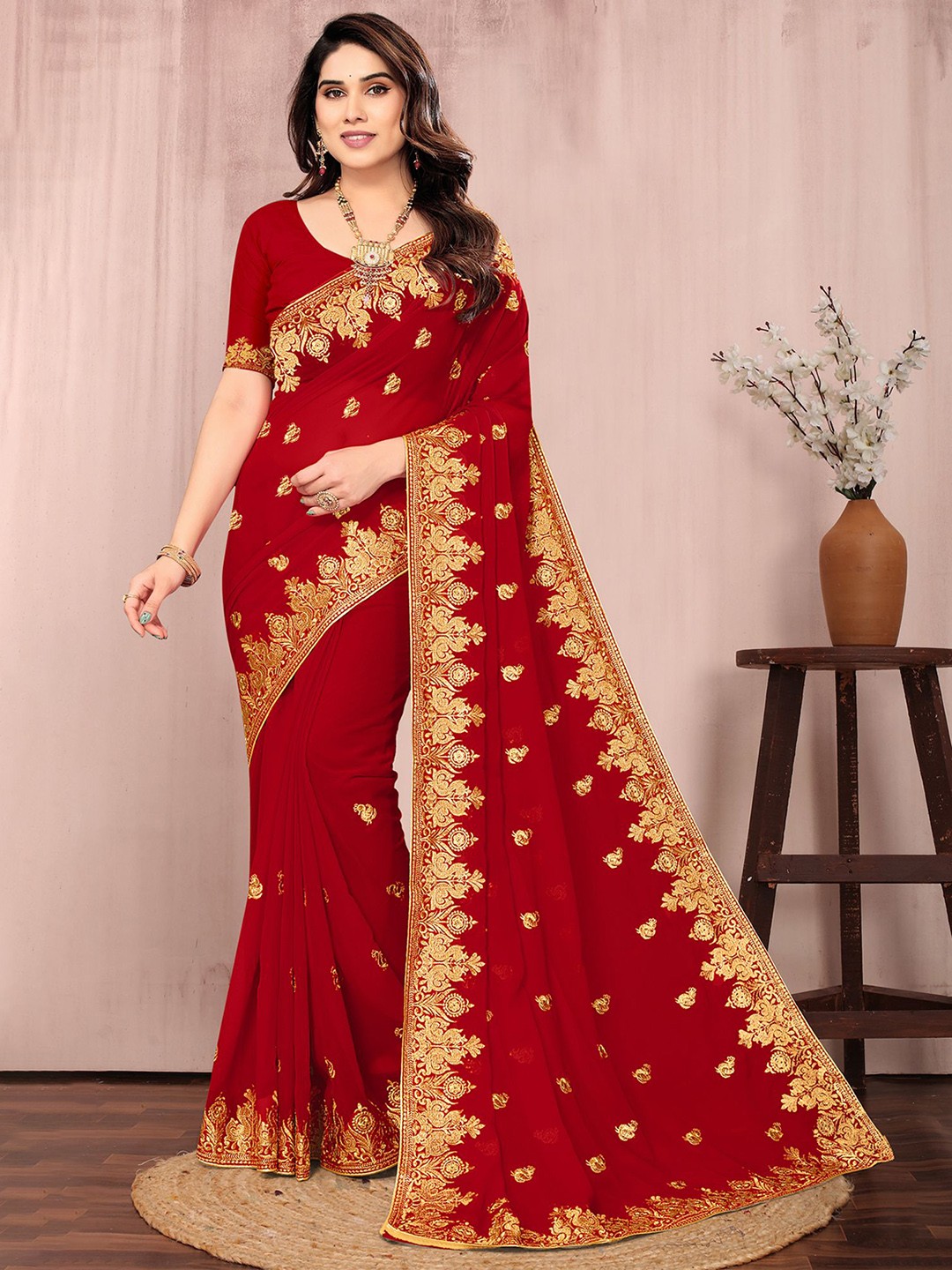 

Om Shantam Sarees Ethnic Motifs Embroidered Saree, Red