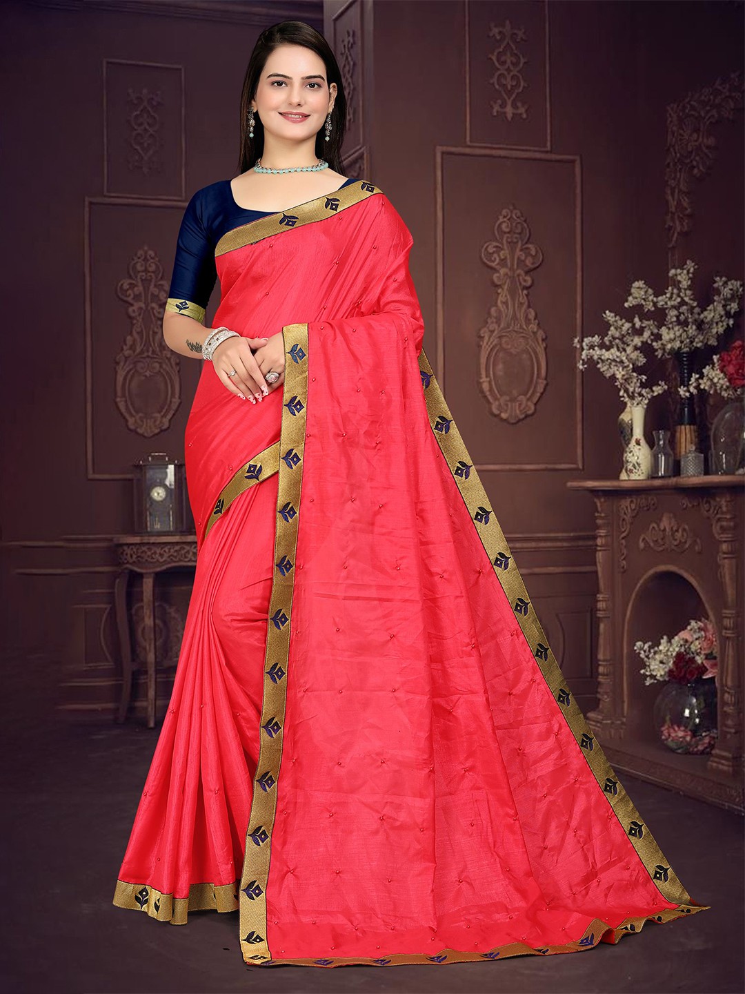 

Om Shantam Sarees Zari Solid Printed Saree, Pink