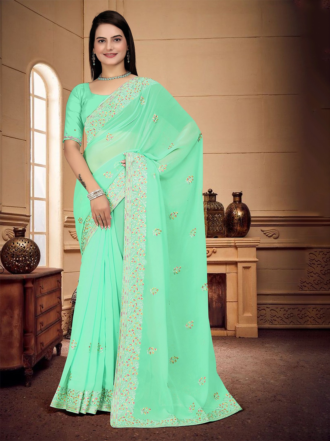 

Om Shantam Sarees Floral Embroidered Saree With Blouse Piece, Sea green