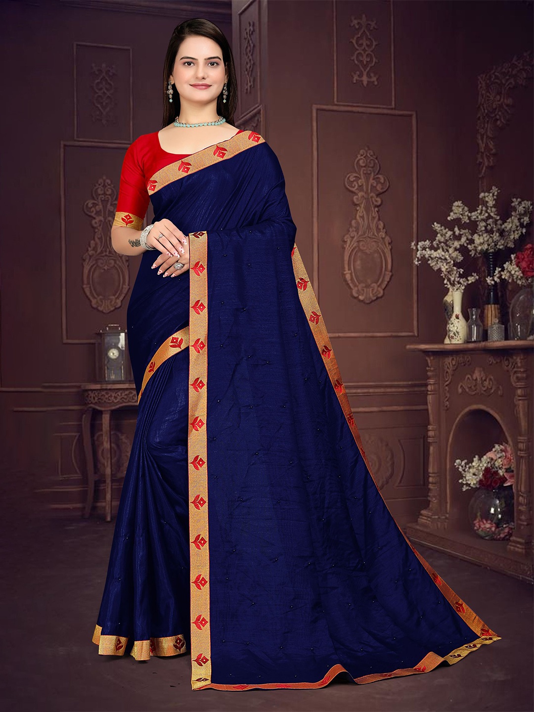 

Om Shantam Sarees Embellished Zari Saree, Navy blue