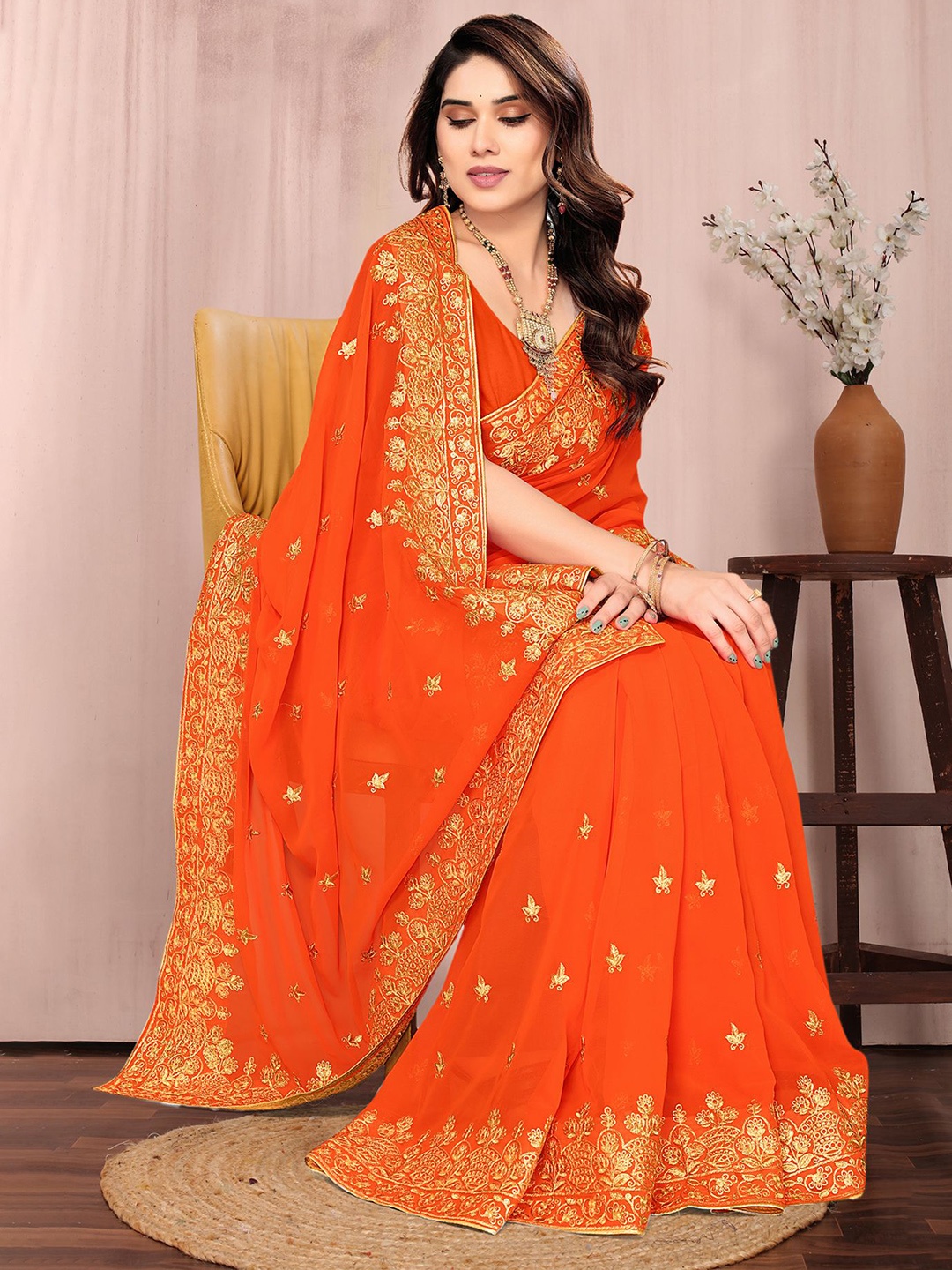 

Om Shantam Sarees Ethnic Motifs Embroidered Saree, Orange