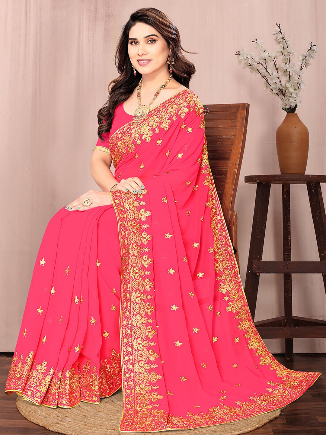 Om Shantam Sarees Ethnic Motifs Embroidered Saree, Pink
