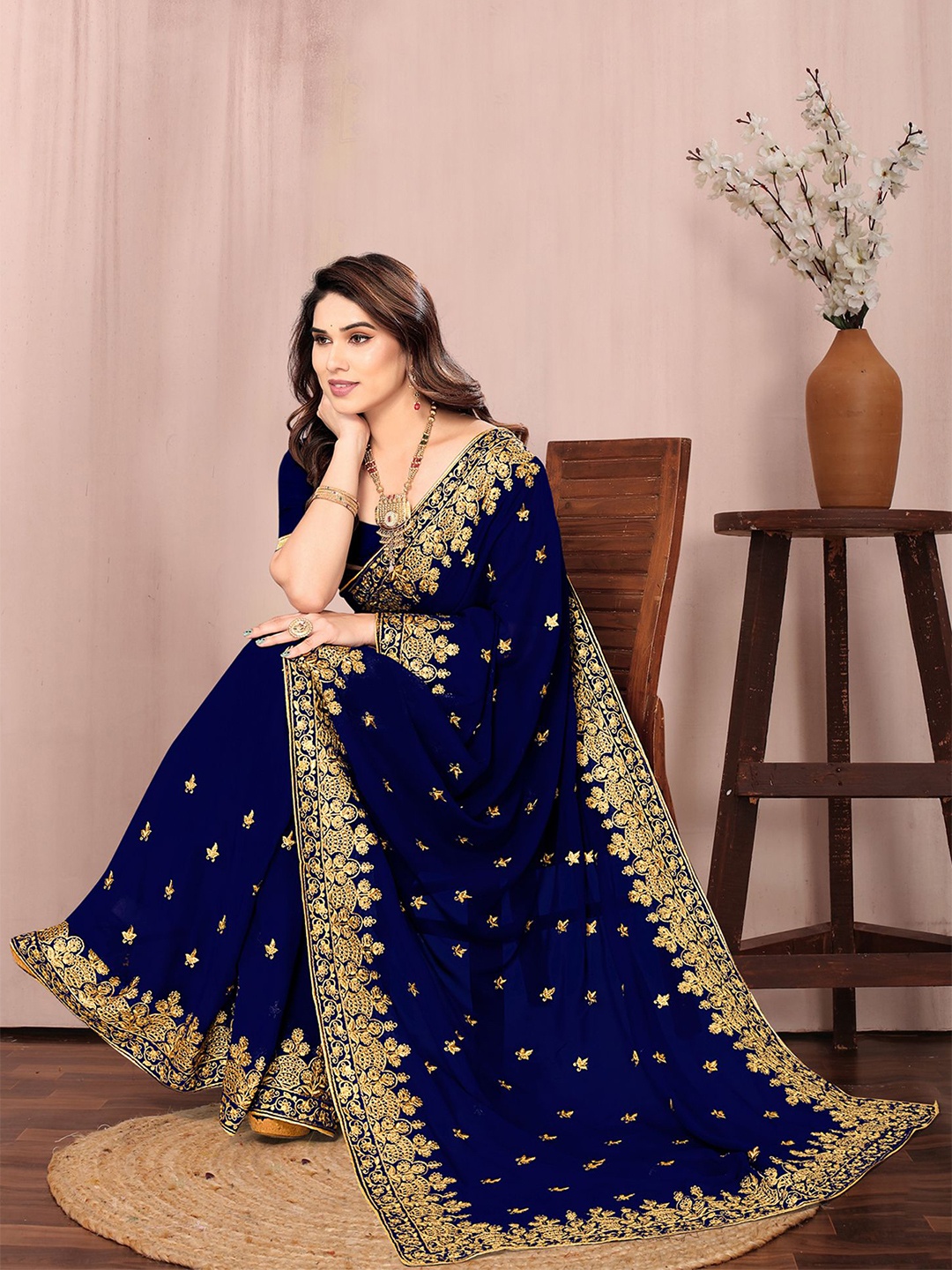 

Om Shantam Sarees Embroidered Ethnic Motifs Saree, Navy blue