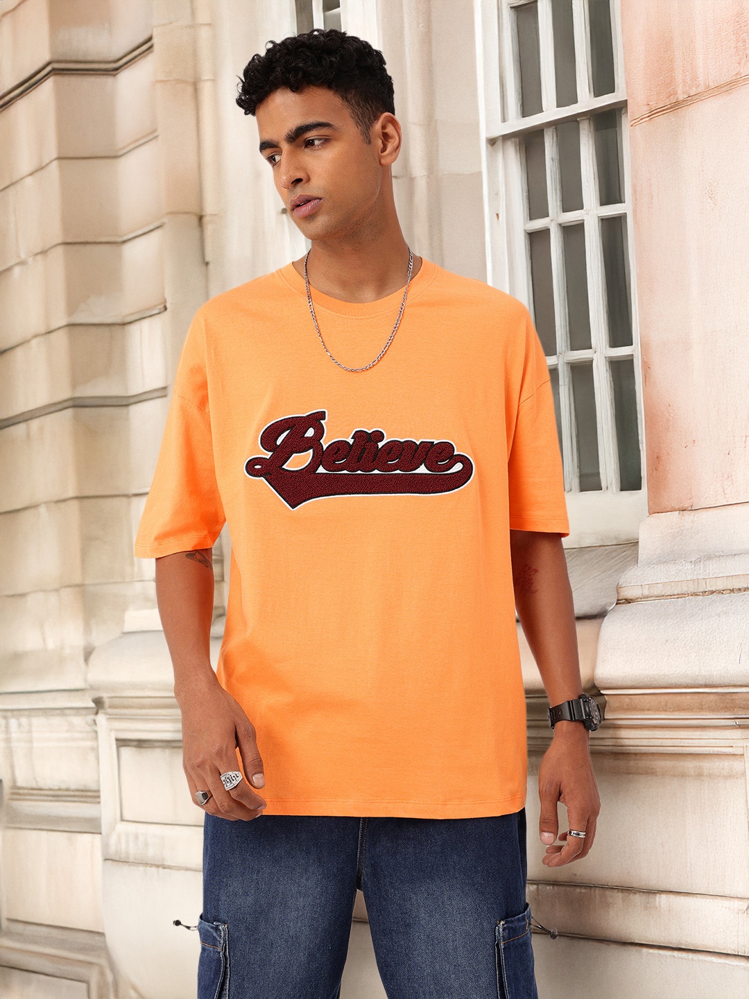 Kook N Keech Urban Cool Embroidered Typography Relaxed Fit T-shirt, Orange