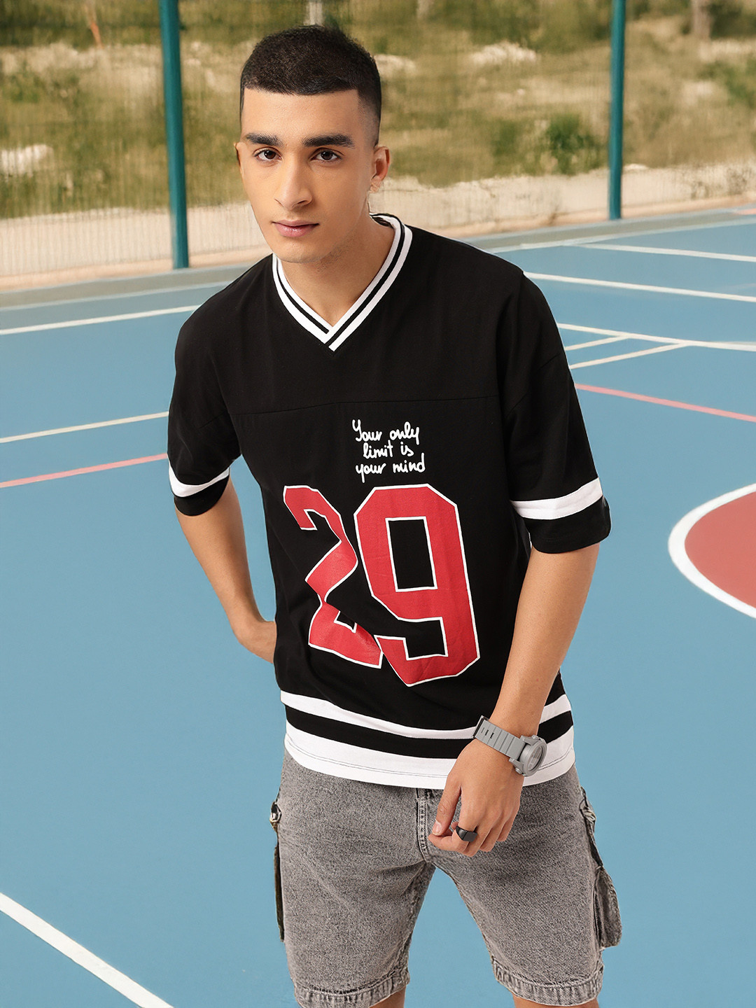 

Kook N Keech Sporty Vibe Printed V-Neck Relaxed Fit T-shirt, Black