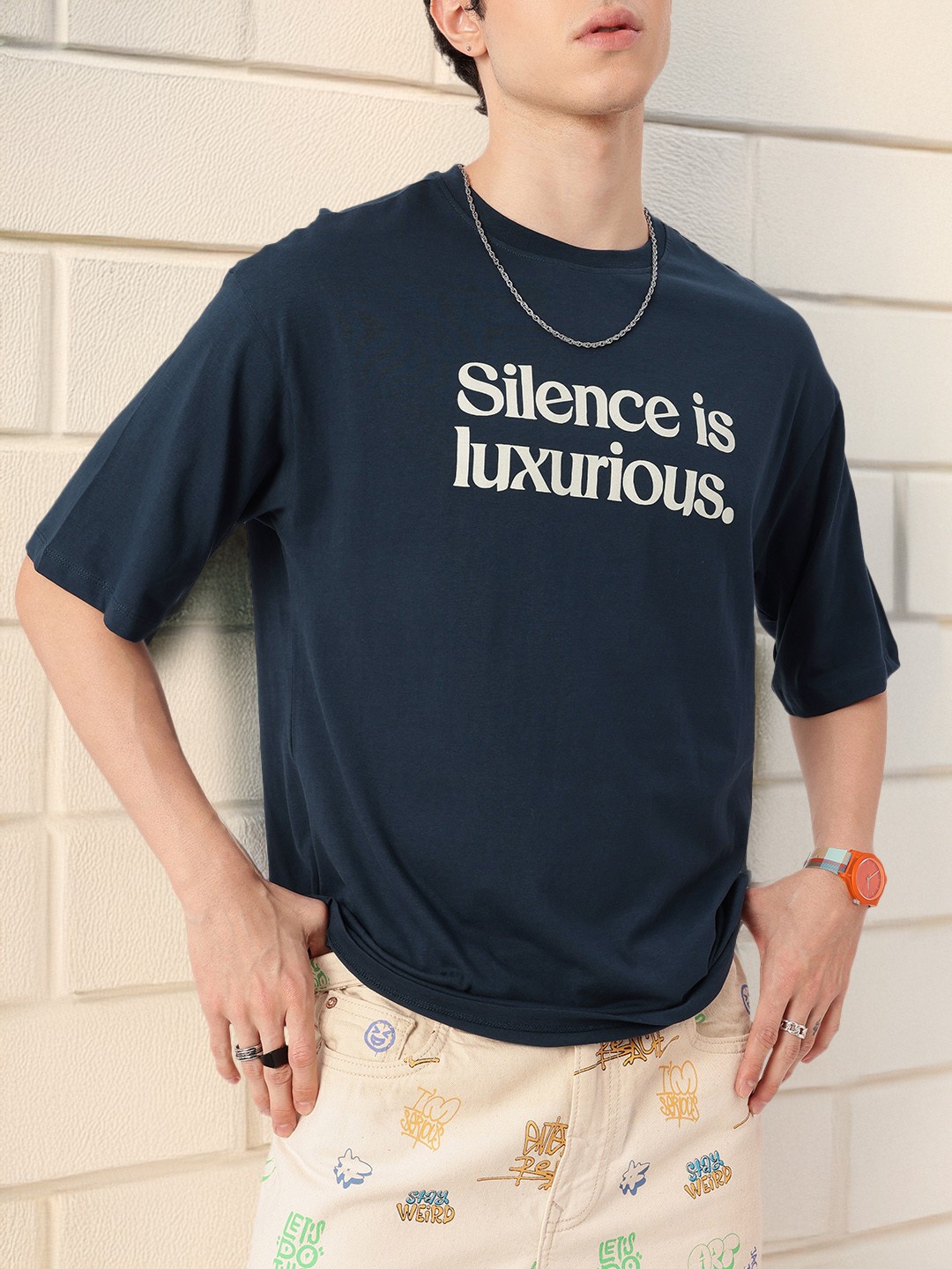 

Kook N Keech Street Vibe Typography Printed Relaxed Fit T-shirt, Navy blue