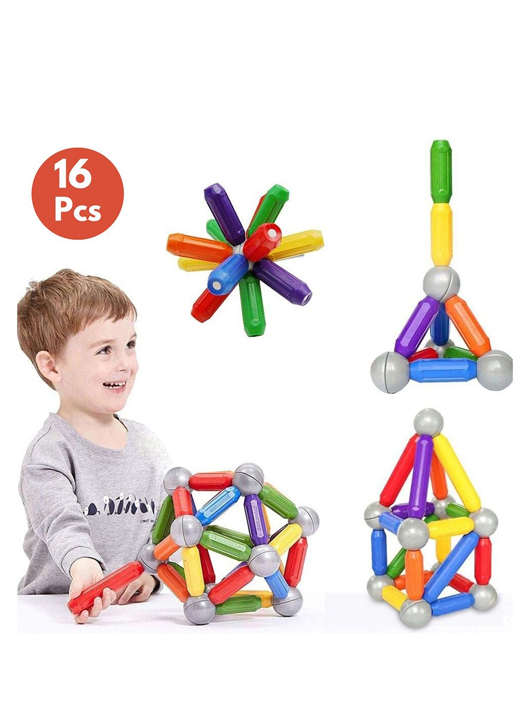 

PLANET of Toys Kids 16 Pieces Magnetic Sticks Building Blocks Skill Development Toys, Red