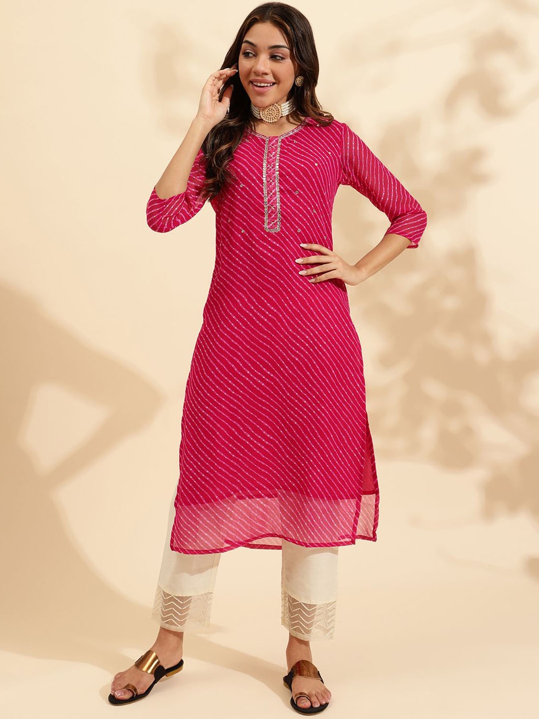 

KALINI Leheriya Printed Mirror Work Georgette Straight Kurta, Pink