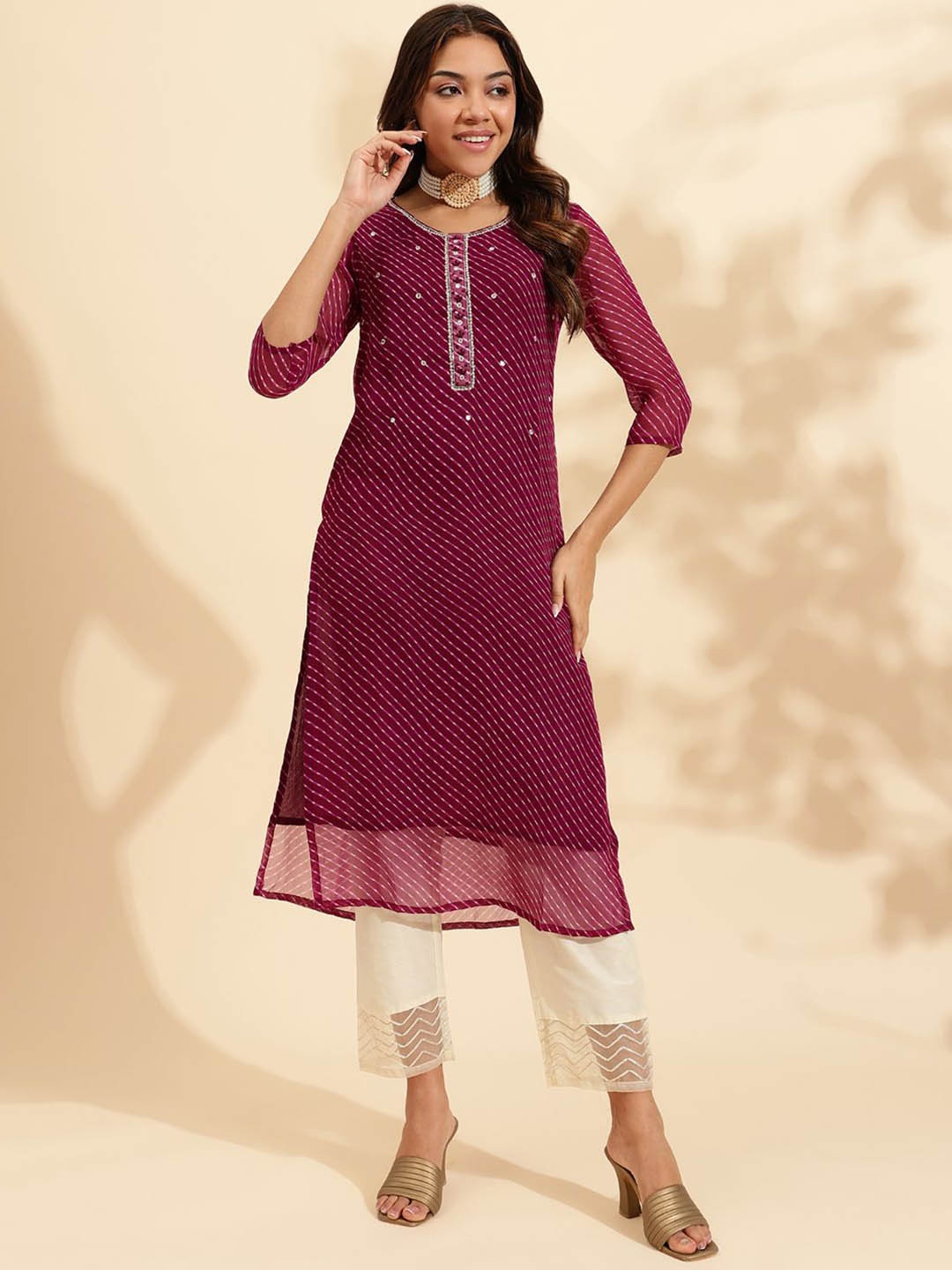 

KALINI Leheriya Printed Mirror Work Georgette Straight Kurta, Purple