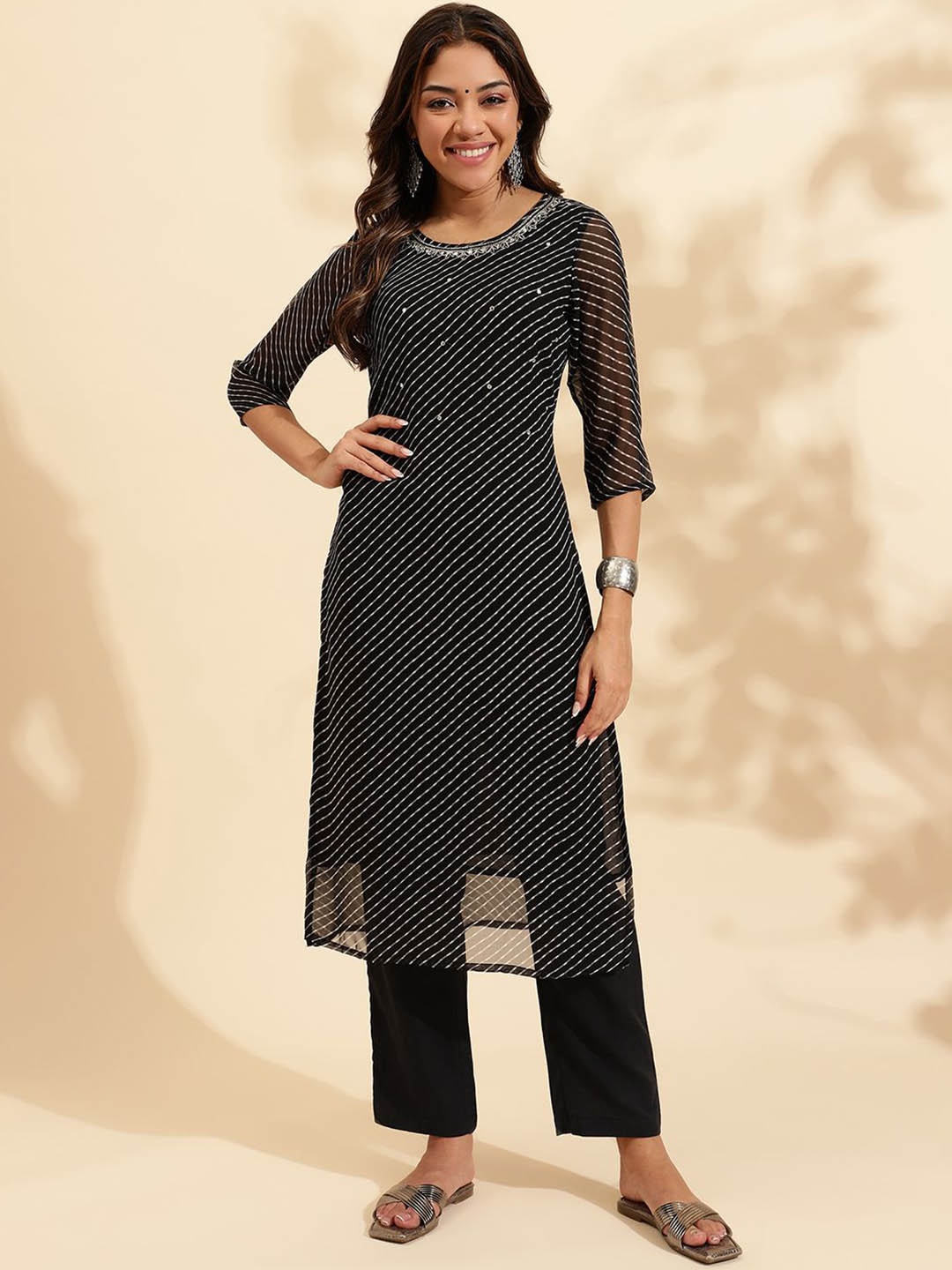 KALINI Leheriya Printed Zari Work Georgette Straight Kurta, Black