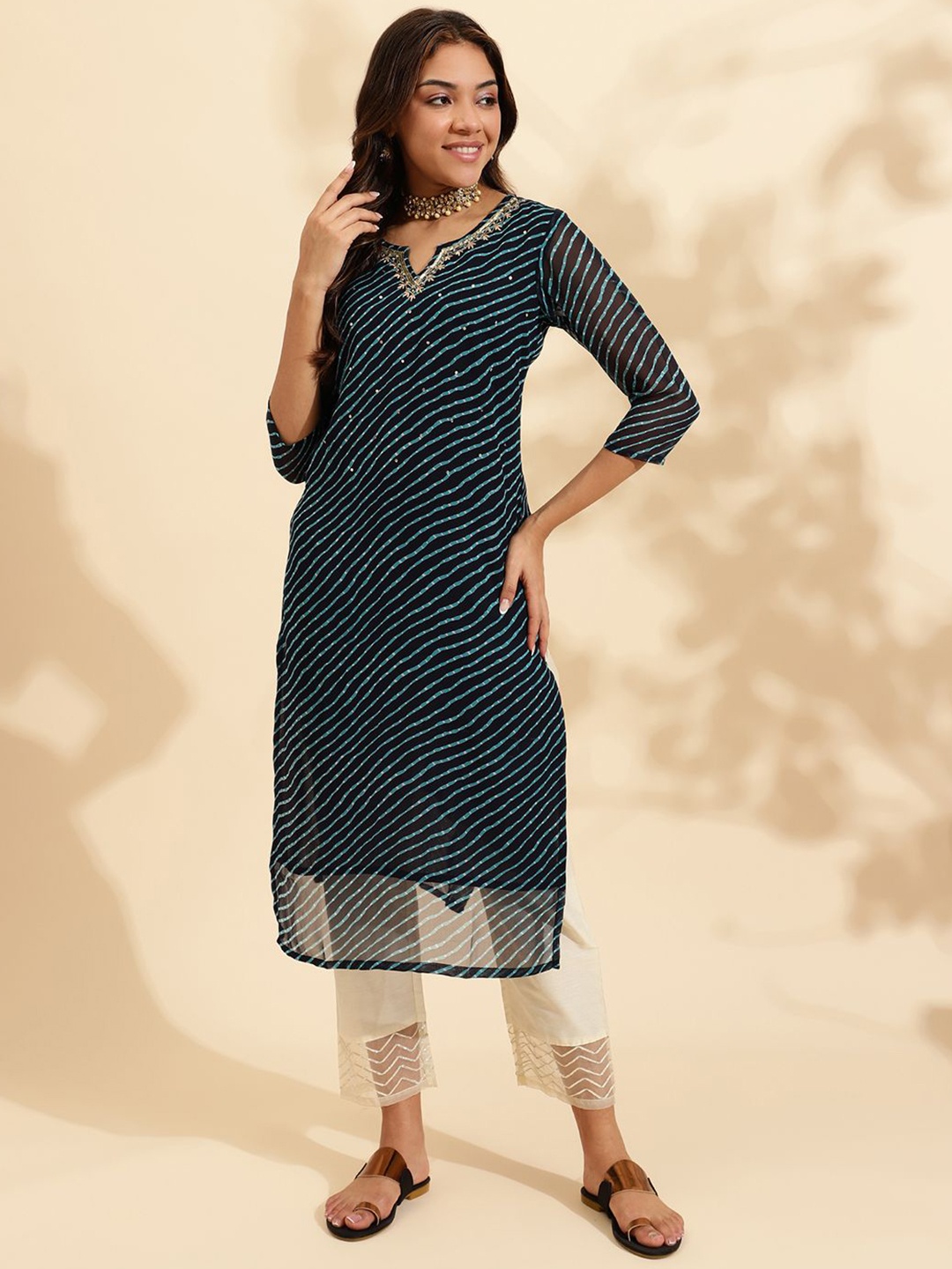 

KALINI Leheriya Printed Zari Work Georgette Straight Kurta, Black