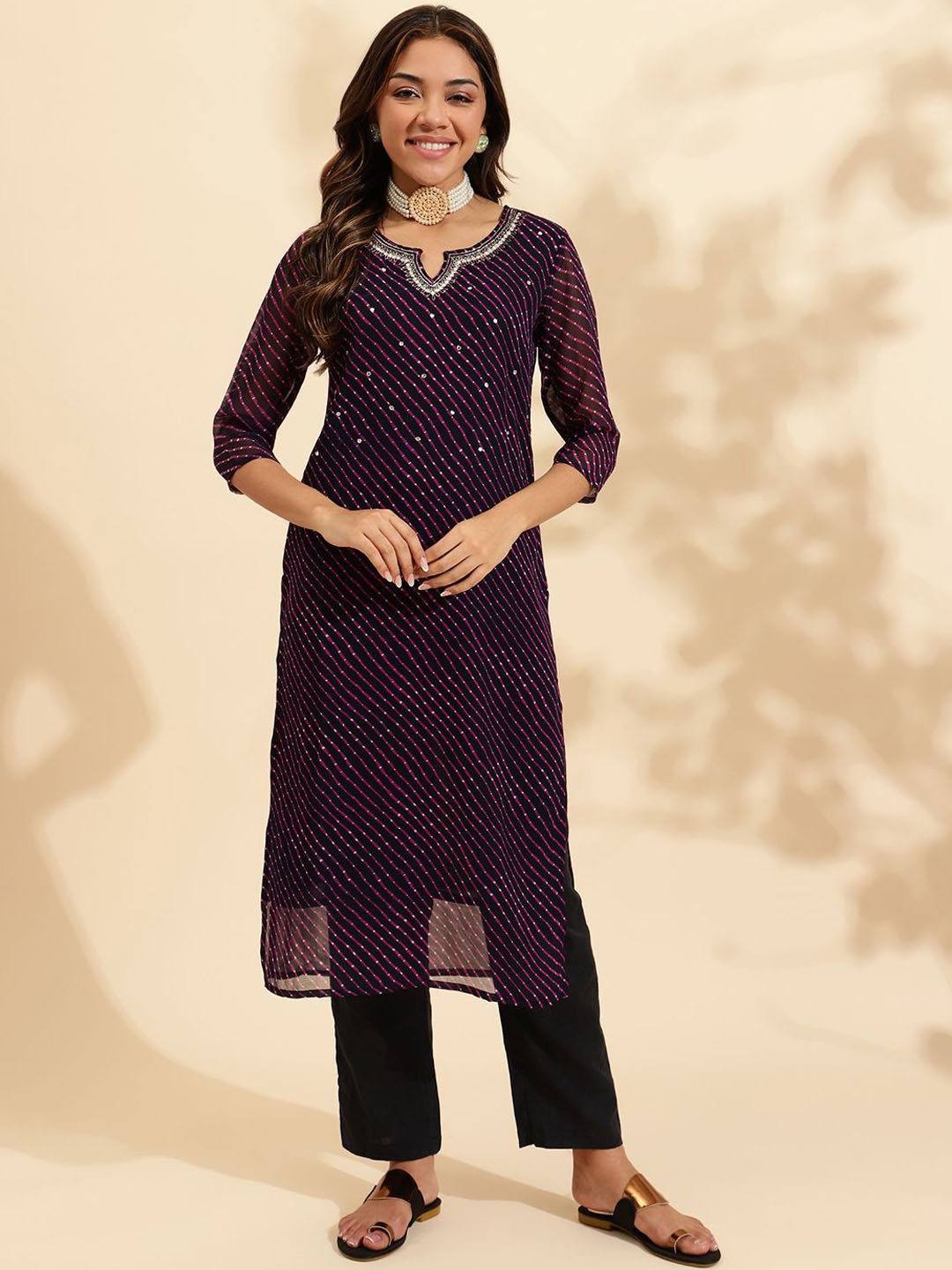 KALINI Leheriya Printed Zari Work Georgette Straight Kurta, Black