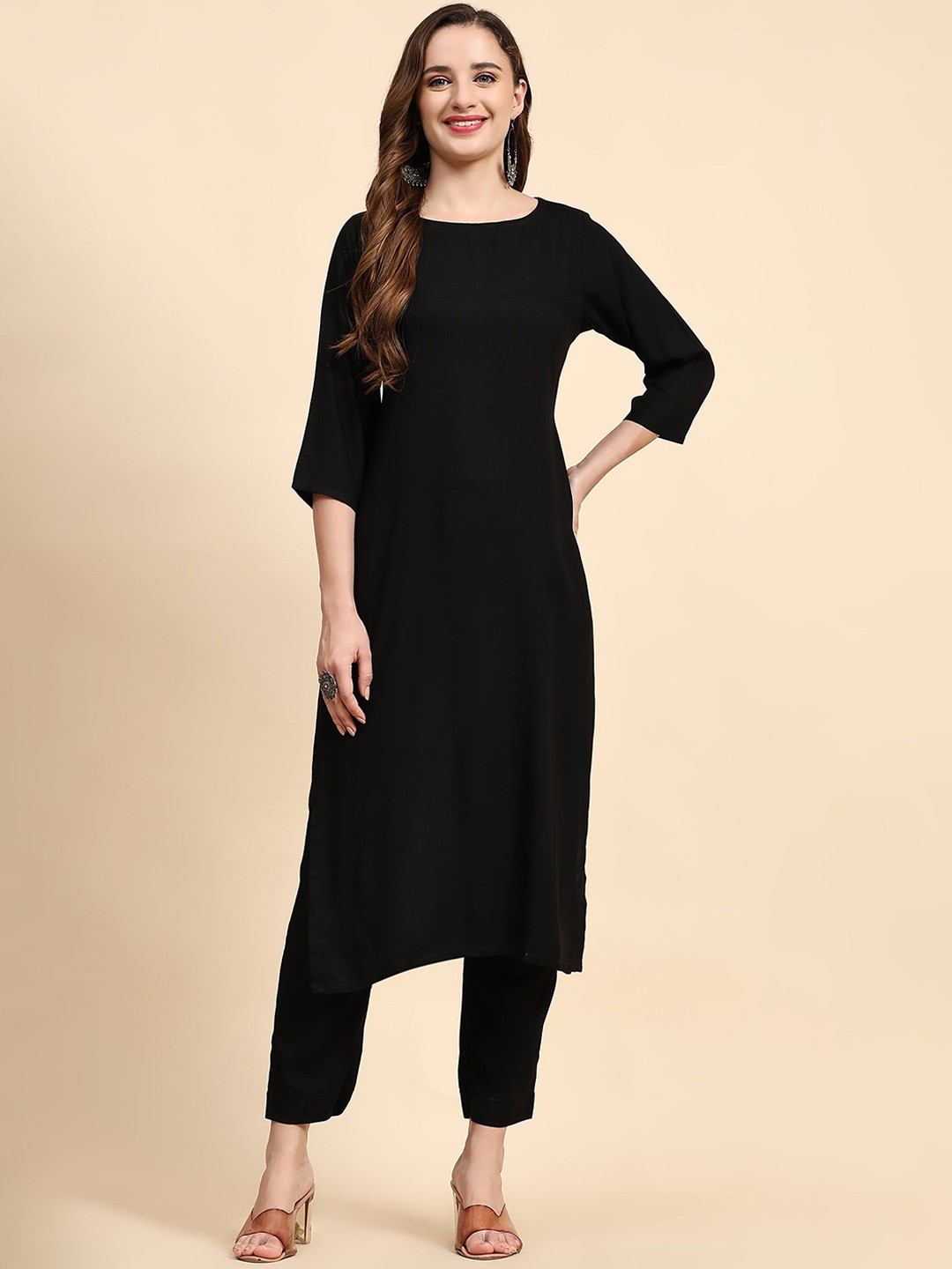 

KALINI Round Neck Regular Straight Kurta with Trousers, Black