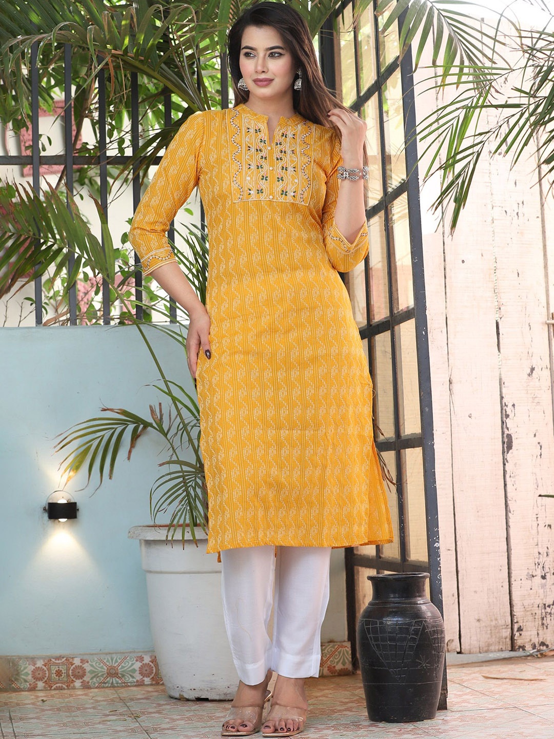 SGRF Ethnic Motifs Printed Mandarin Collar Thread Work Straight Kurta With Trousers, Yellow