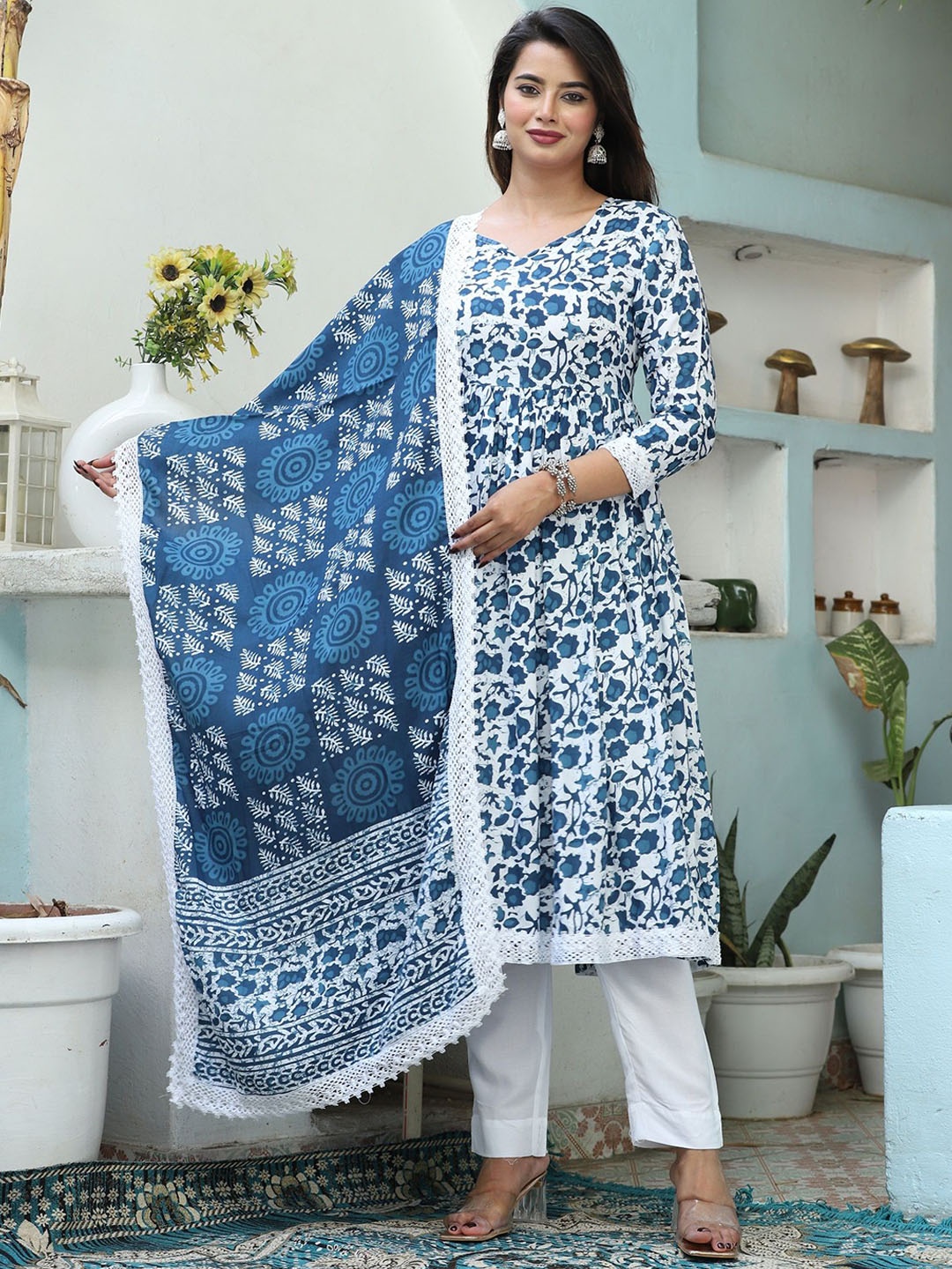 

SGRF Floral Printed Gotta Patti Straight Kurta With Trousers & Dupatta, Blue