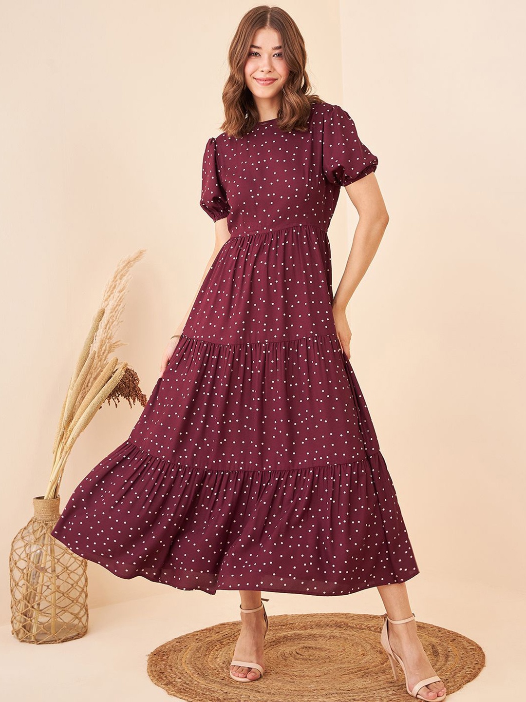 

Kibo Polka Dots Print Puff Sleeve Maxi Fit and Flare Dress, Maroon