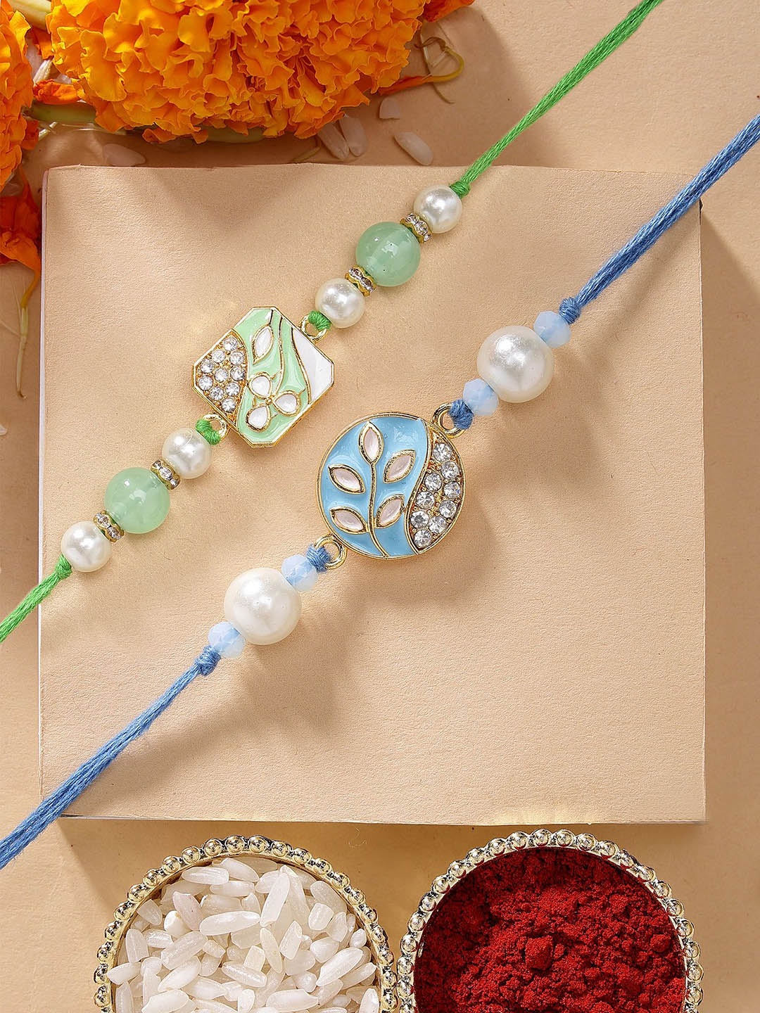 

KARATCART Set of 2 Blue & Lime Green Kundan Rakhi with Roli & Chawal