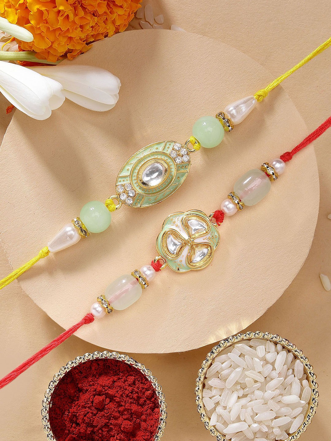 

KARATCART Set of 2 Lime Green Meena Floral Kundan Rakhi with Roli & Chawal