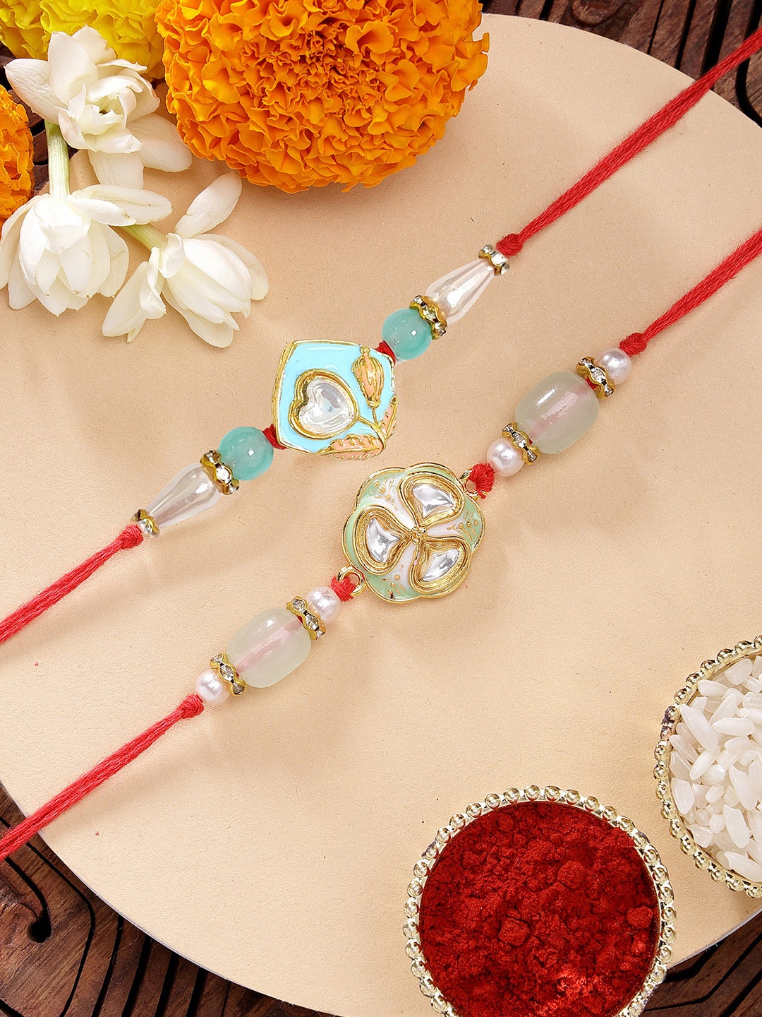 

KARATCART Set of 2 Pink & Green Kundan Rakhi with Roli & Chawal, Red