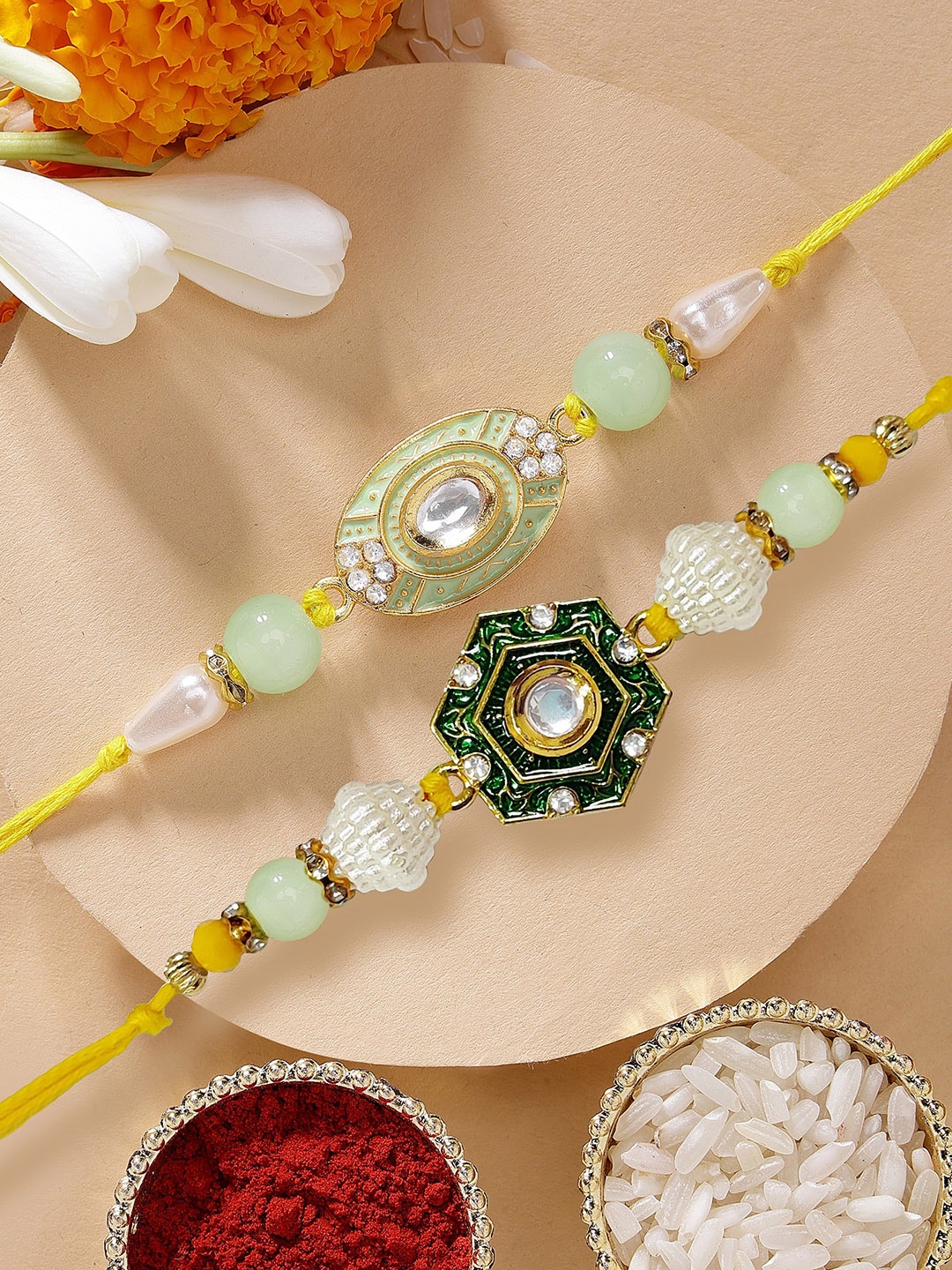 

KARATCART Set of 2 Green & Lime Green Kundan Rakhi with Roli & Chawal