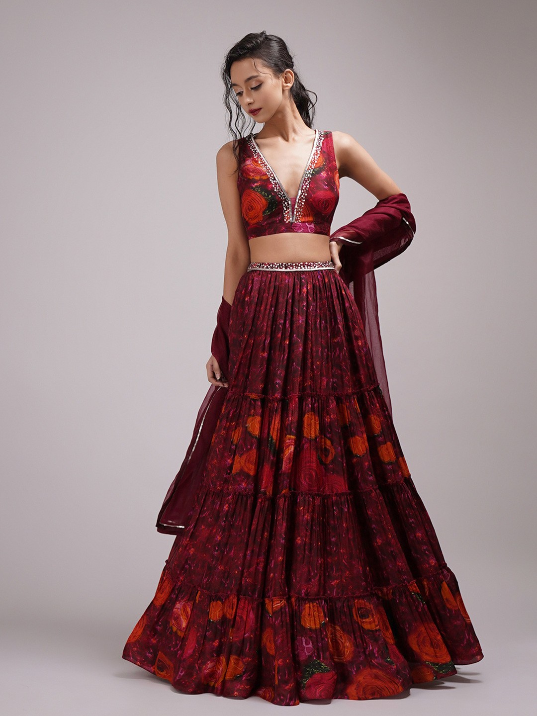 

Breathe by Aakanksha Singh Printed Made to Measure Lehenga & Blouse With Dupatta, Maroon