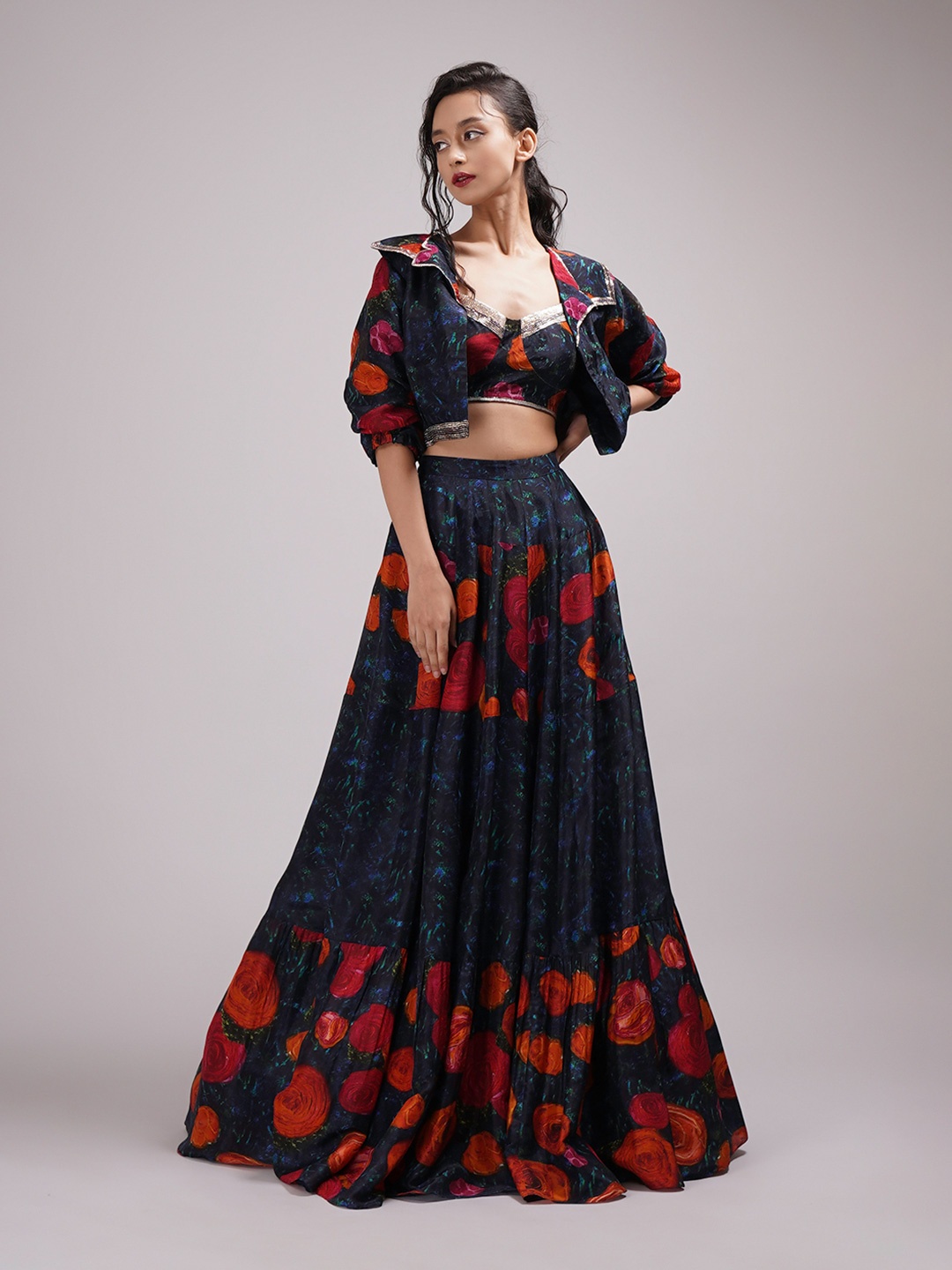 

Breathe by Aakanksha Singh Printed Made to Measure Lehenga With Blouse, Navy blue