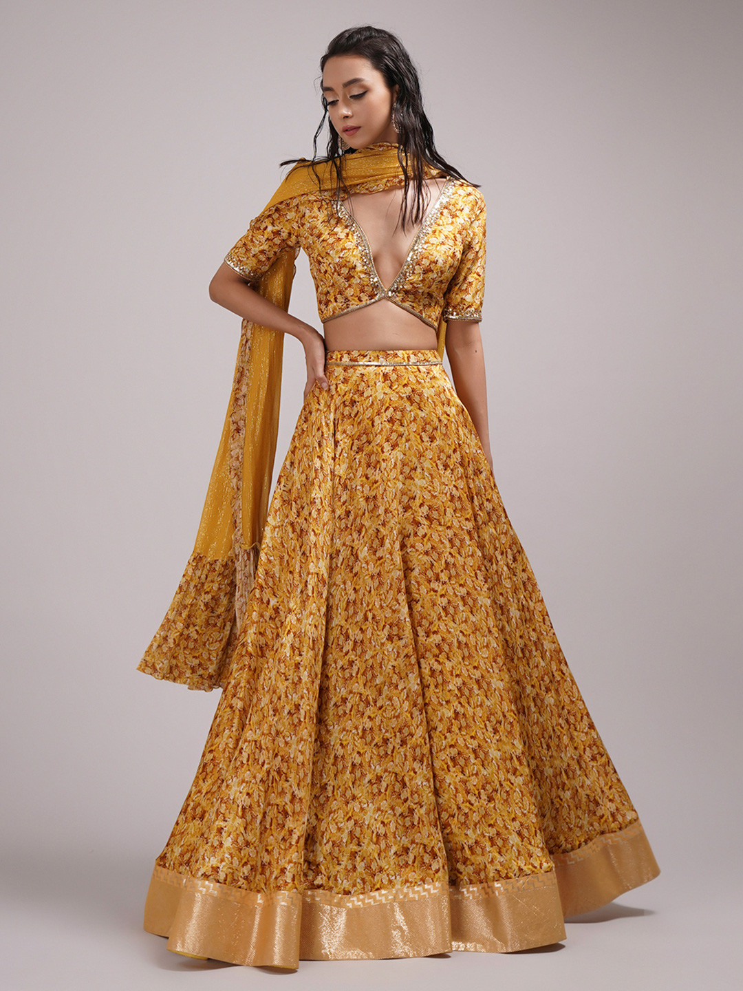 

Breathe by Aakanksha Singh Printed Sequinned Made to Measure Lehenga & Blouse With Dupatta, Mustard