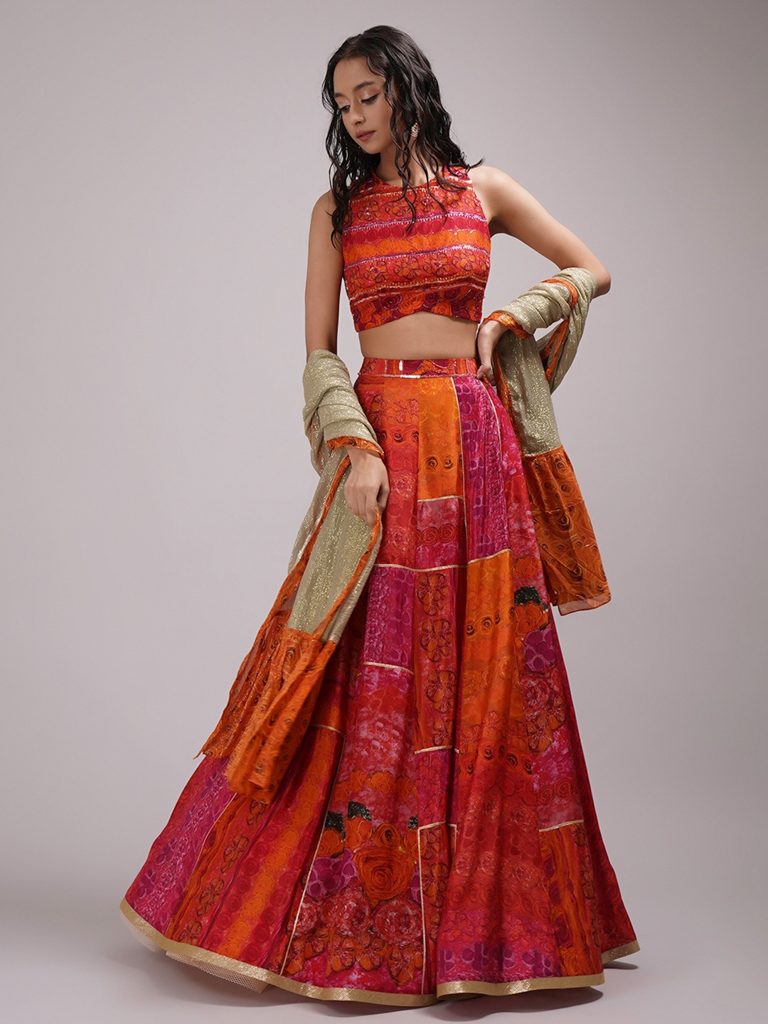 

Breathe by Aakanksha Singh Printed Made to Measure Lehenga & Blouse With Dupatta, Orange