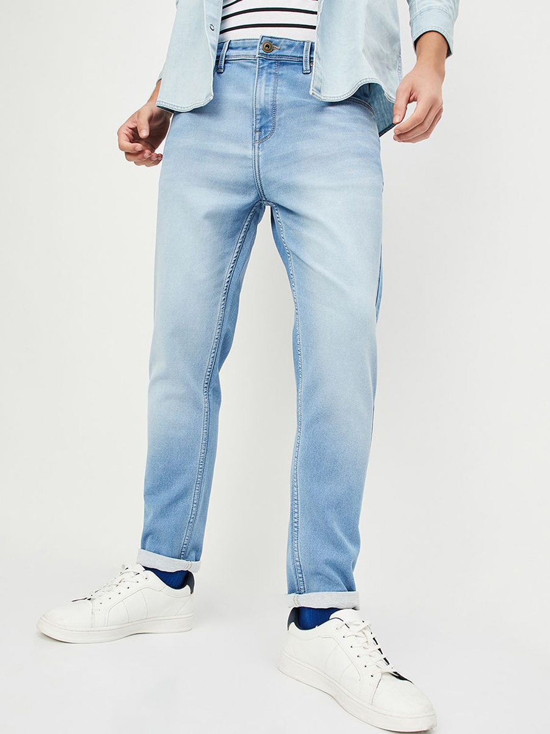 

max Men Mid Rise Clean Look Heavy Fade Stretchable Jeans, Blue