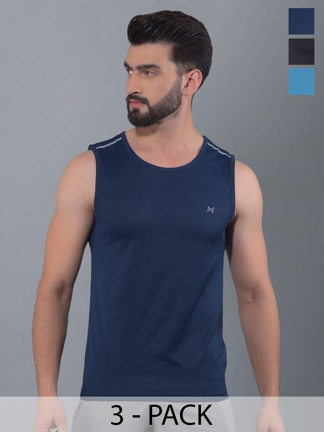 

Force NXT Men Pack Of 3 Anti Odour Solid Round Neck Sleeveless Training or Gym T-shirt, Navy blue