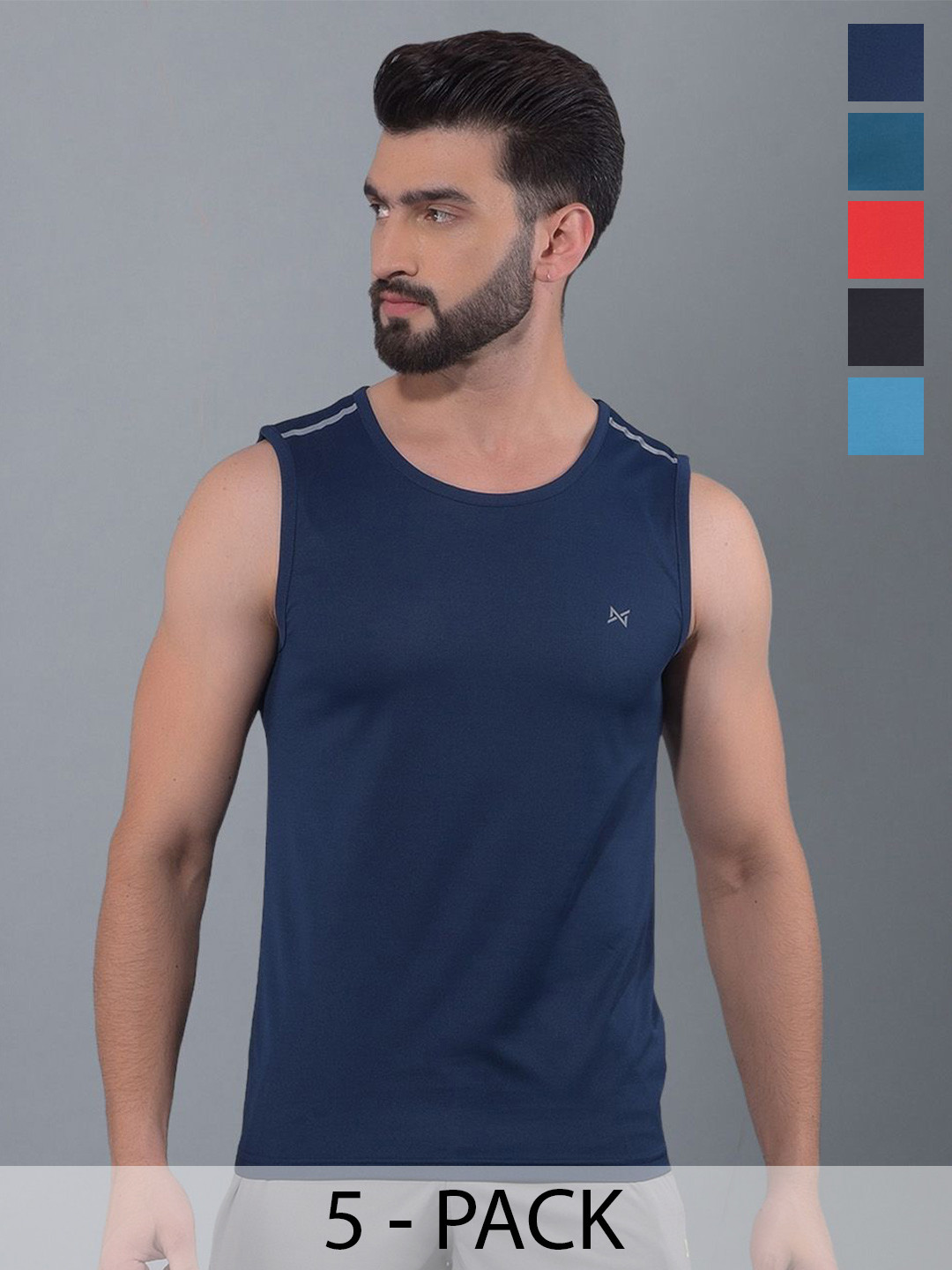 

Force NXT Men Pack Of 5 Anti Odour Solid Round Neck Sleeveless T-shirts, Navy blue