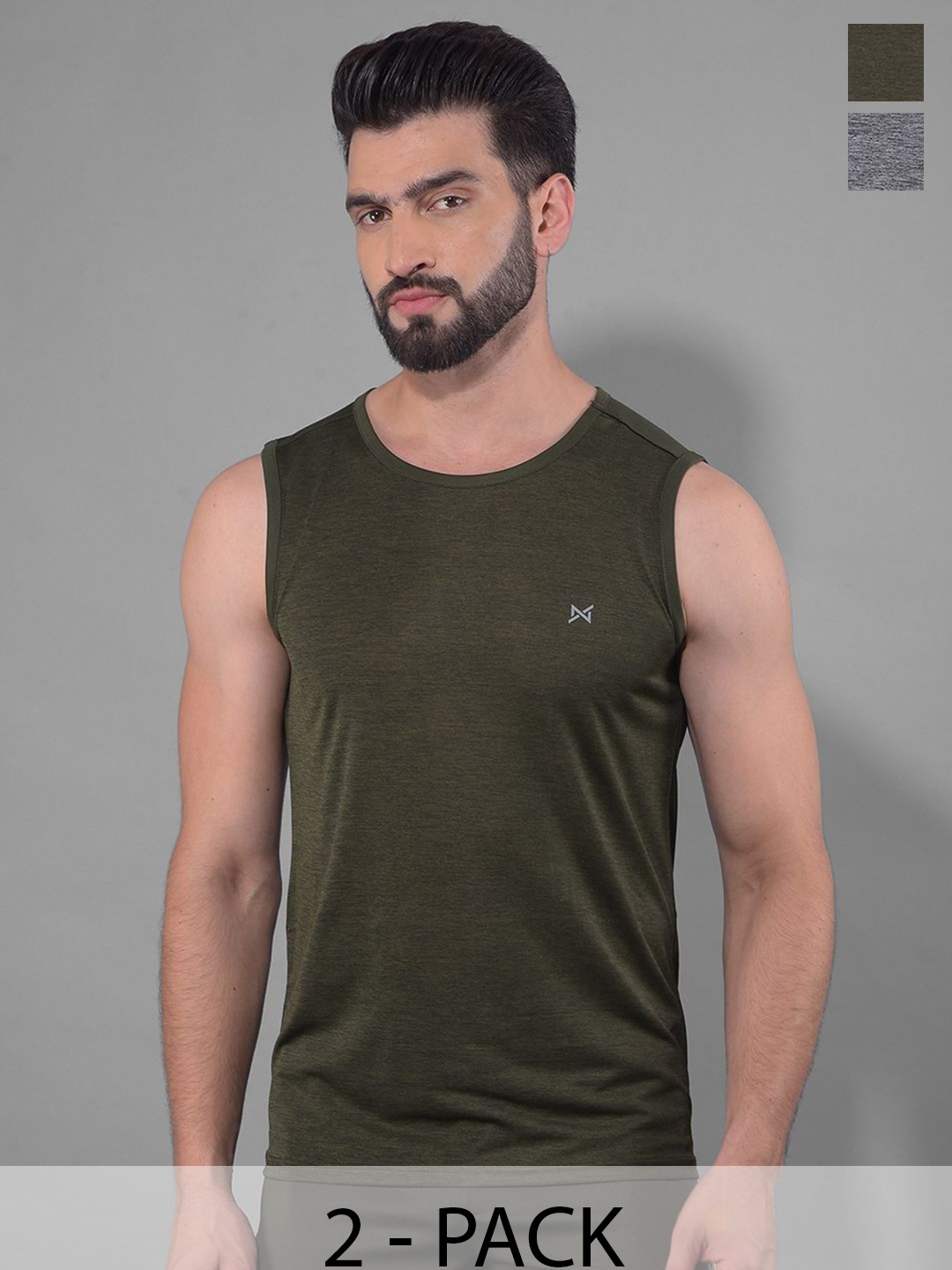 

Force NXT Men Pack Of 2 Anti Odour Solid Round Neck Sleeveless T-shirts, Olive