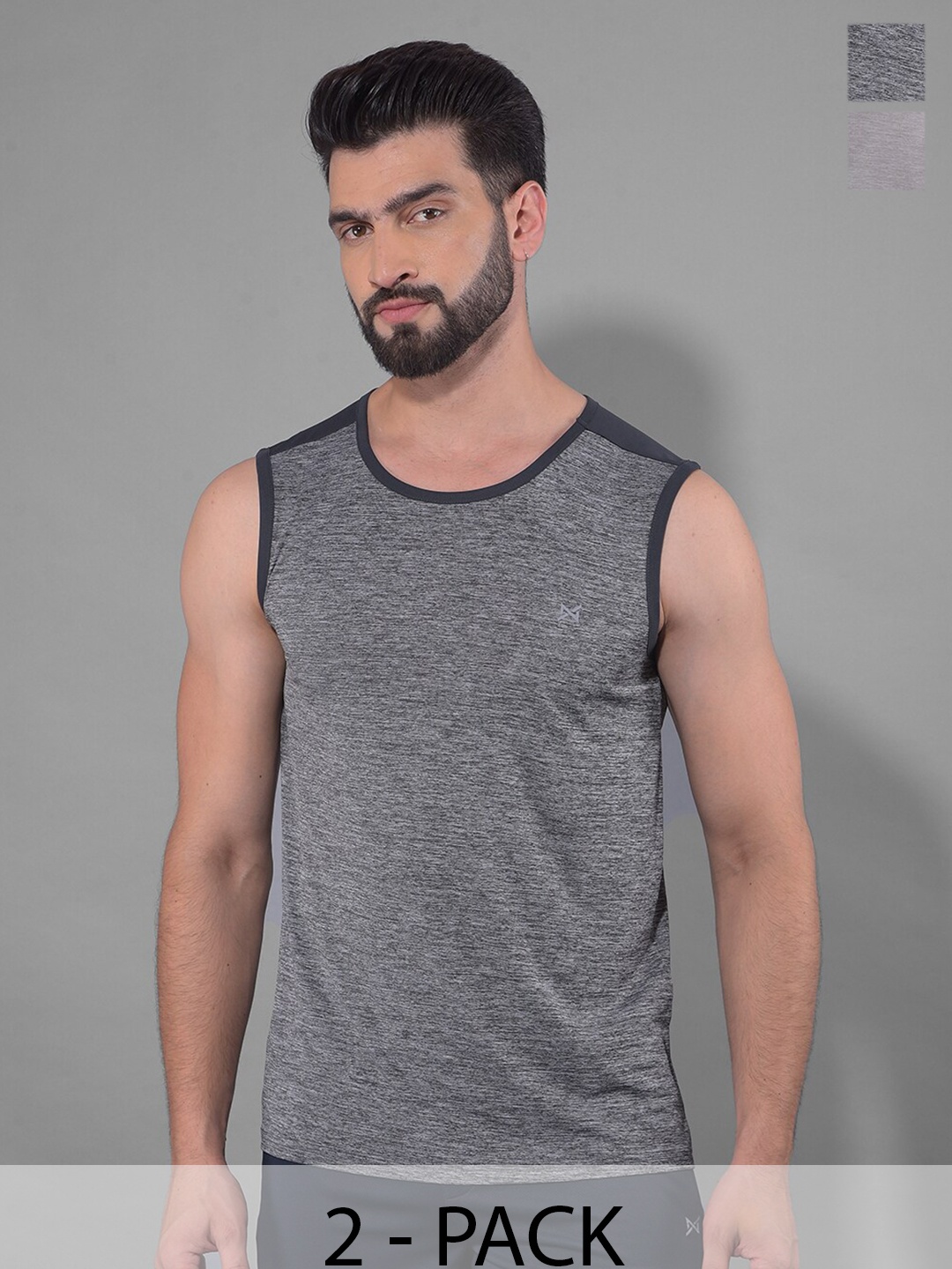 

Force NXT Men Pack Of 2 Anti Odour Solid Round Neck Sleeveless Training or Gym T-shirt, Charcoal