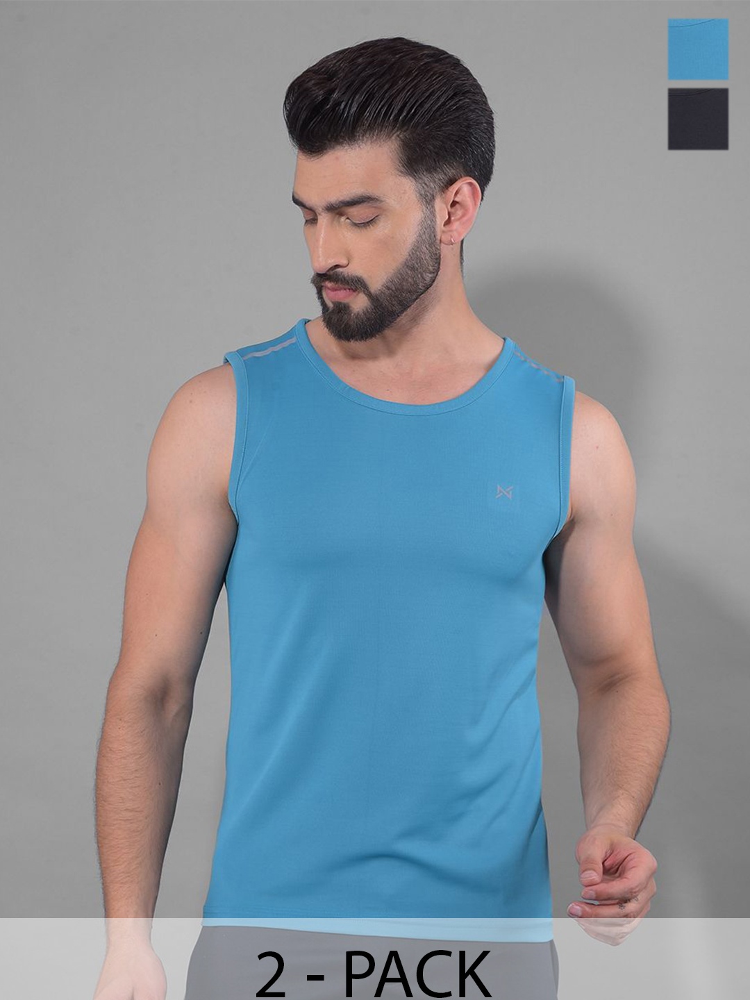 

Force NXT Men Pack Of 2 Anti Odour Solid Round Neck Sleeveless T-shirt, Blue