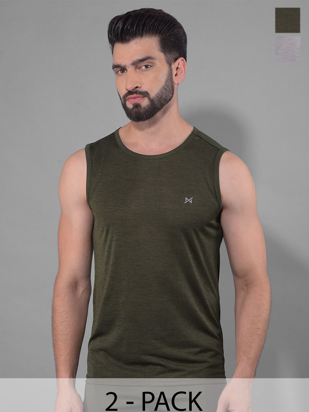 

Force NXT Men Pack Of 2 Anti Odour Solid Round Neck Sleeveless T-shirt, Olive