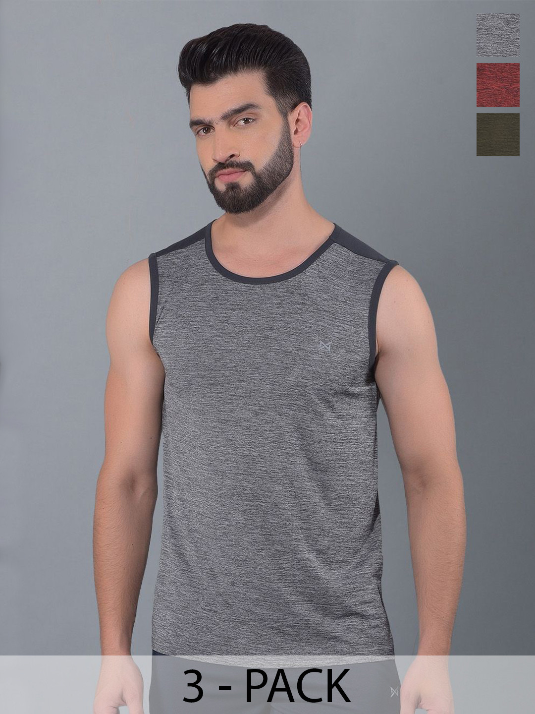 

Force NXT Men Pack Of 3 Anti Odour Solid Round Neck Sleeveless Training or Gym T-shirt, Charcoal