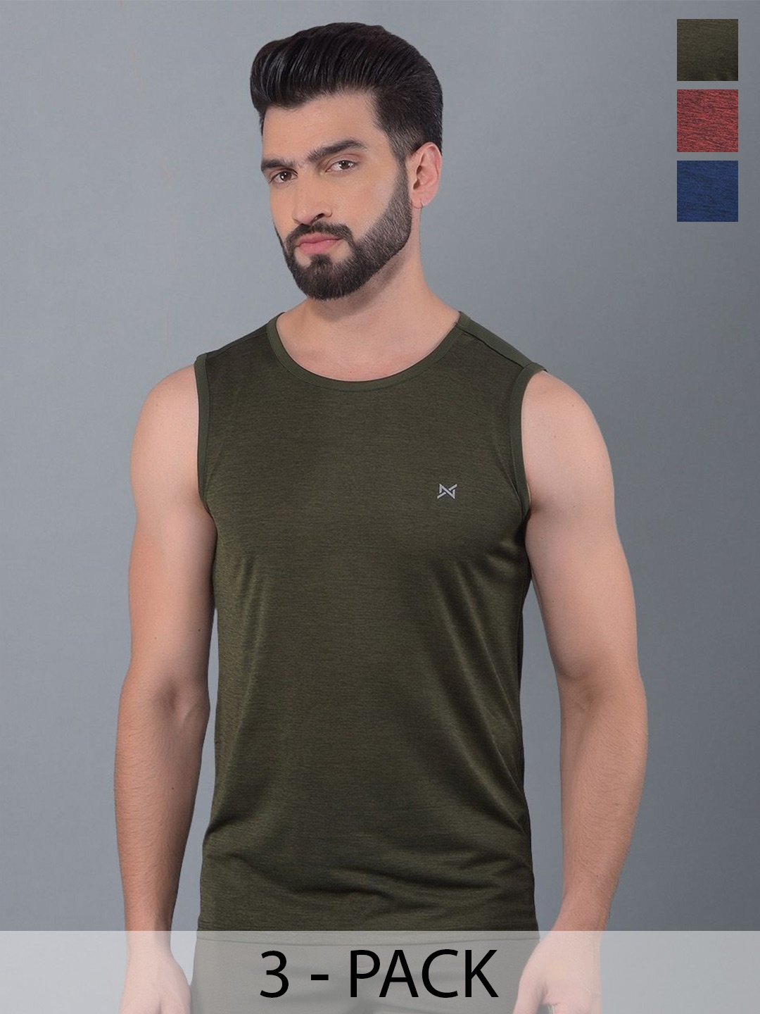 

Force NXT Men Coolmax Pack Of 3 Anti Viral Anti Odour Solid Sleeveless T-shirt, Olive