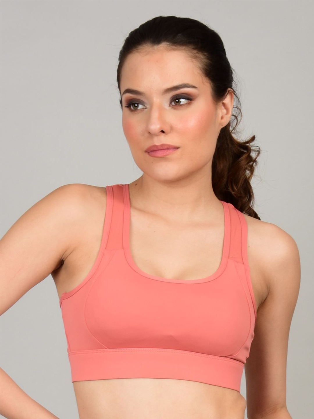 

Poftik Full Coverage Lightly Padded Seamless Dry Fit Workout Bra With Side Shaper, Pink