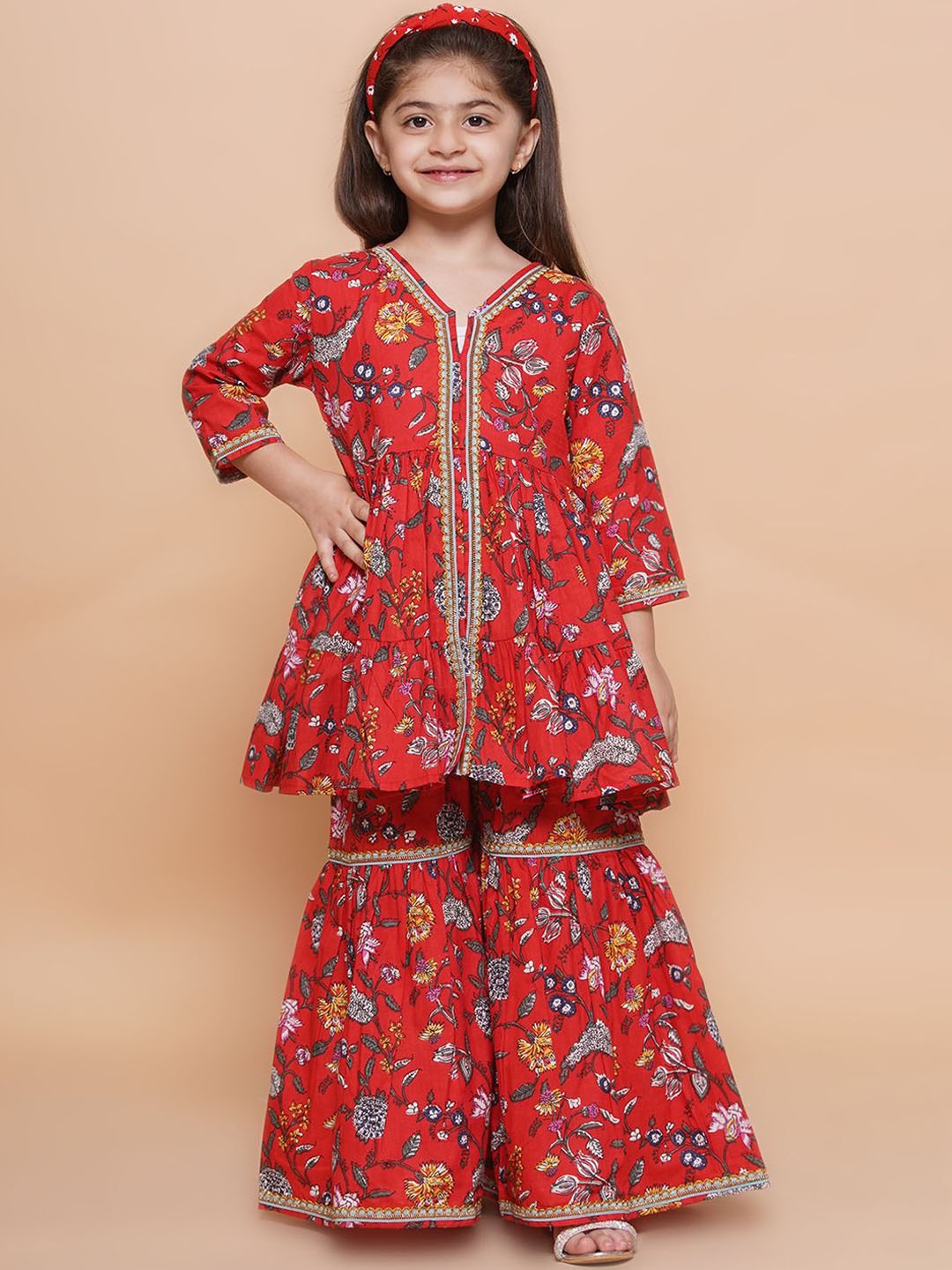 

Modish Couture Girls Floral Printed Empire Pure Cotton Anarkali Kurta with Sharara, Red