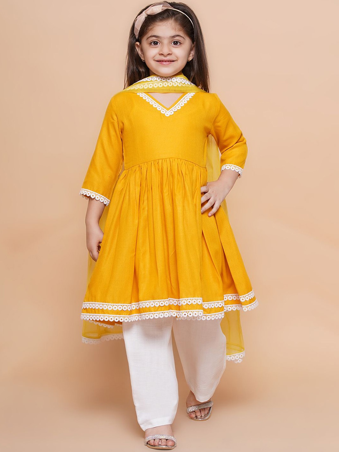 

Modish Couture Girls V-Neck A-Line Kurta & Trousers With Dupatta, Mustard