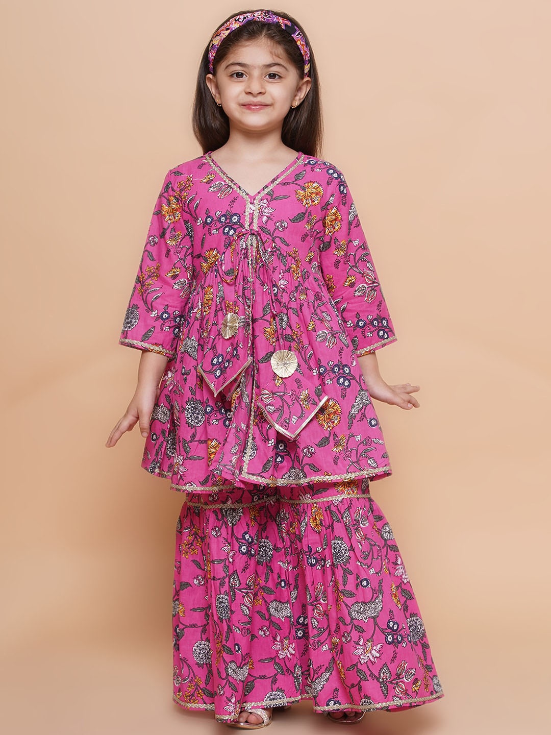 

Modish Couture Girls Floral Printed Empire Pure Cotton Anarkali Kurta with Sharara, Pink