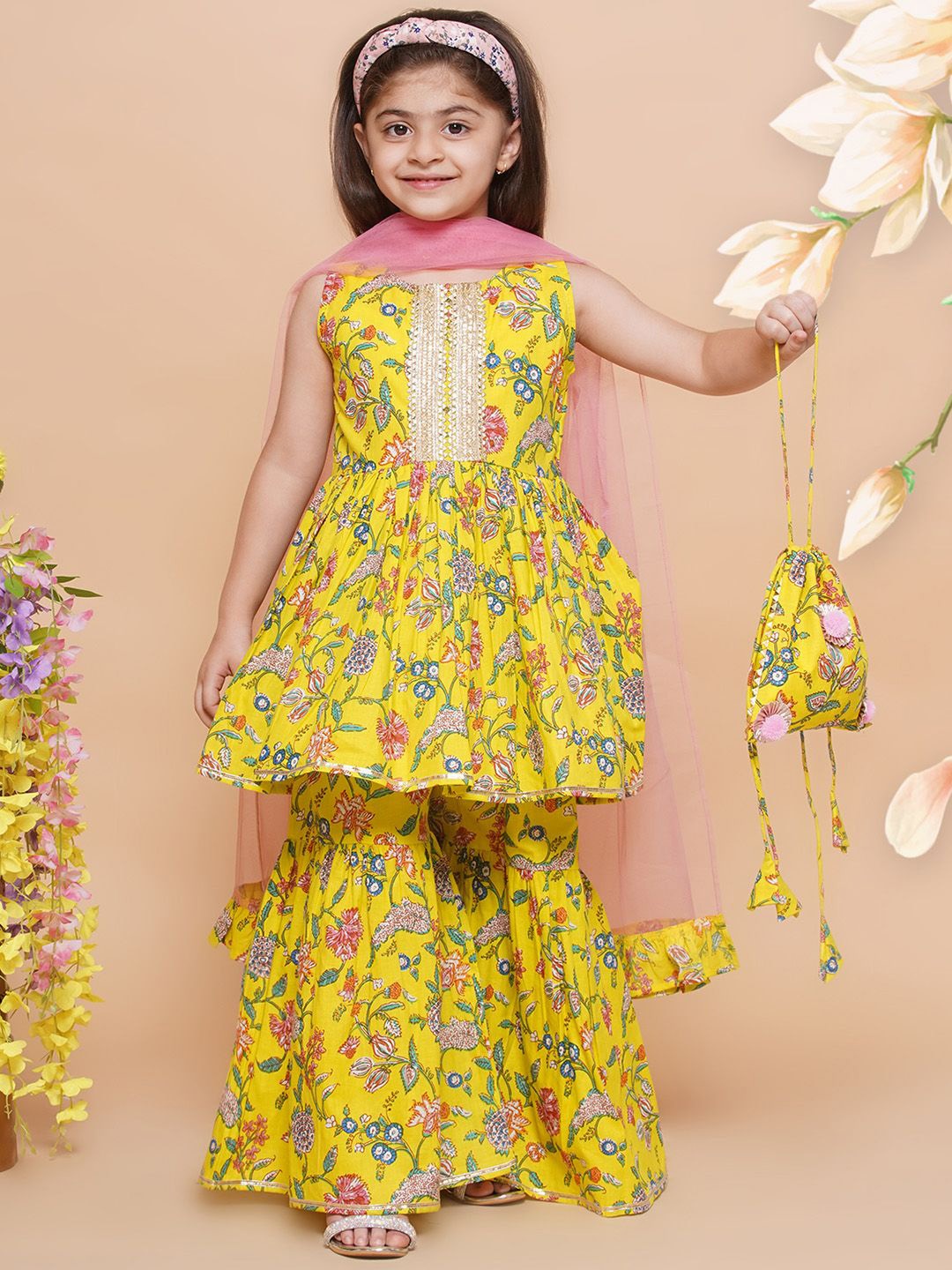 

Modish Couture Girls Floral Gotta Patti Pure Cotton Anarkali Kurta & Sharara & Dupatta, Yellow