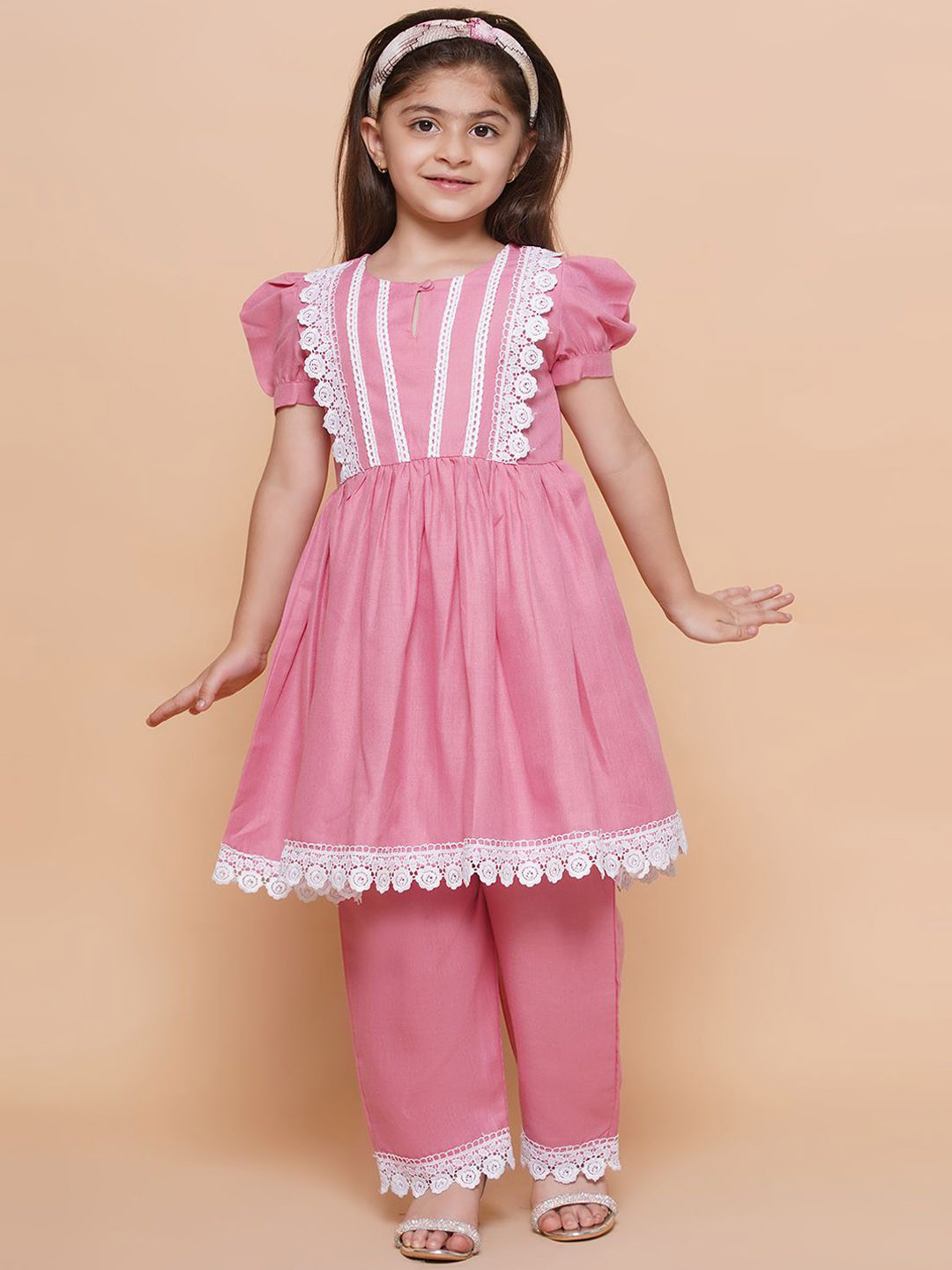 

Modish Couture Girls Yoke Design Regular Thread Work A-Line Kurta with Trousers, Pink